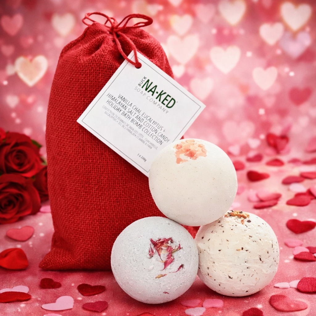 Bath Bomb RED Gift Sac (Vanilla Chai, Eucalyptus & Himalayan Salt, Cotton Candy) // Buck Naked