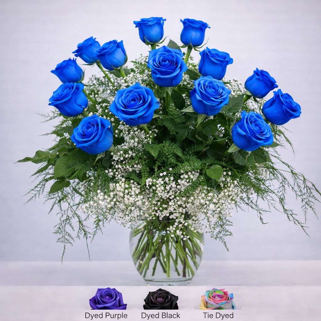 Dozen Blue Roses Vased in the Round