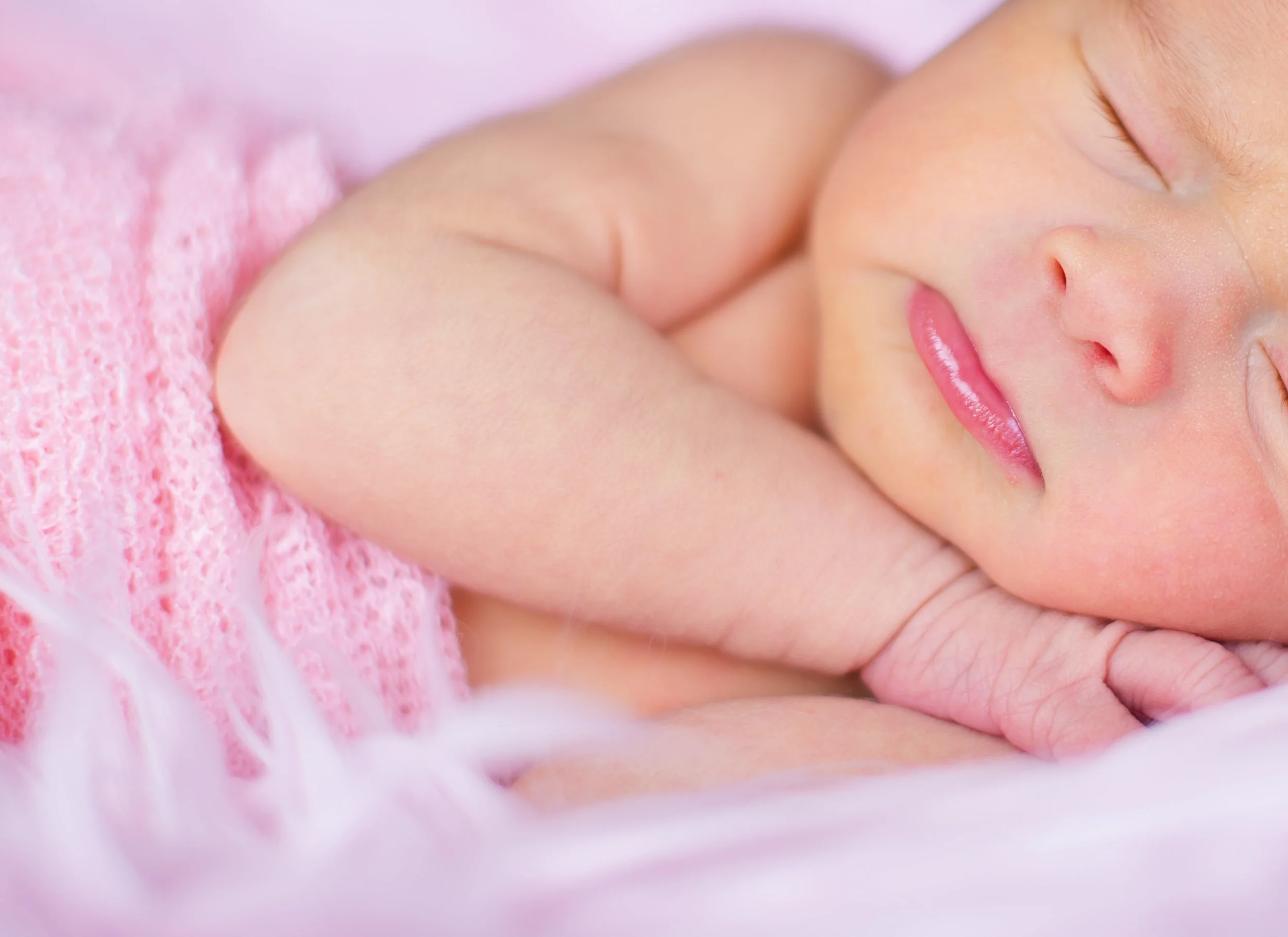 Close-up portrait of a sleeping newborn baby wrapped in pink during a professional newborn photography session.