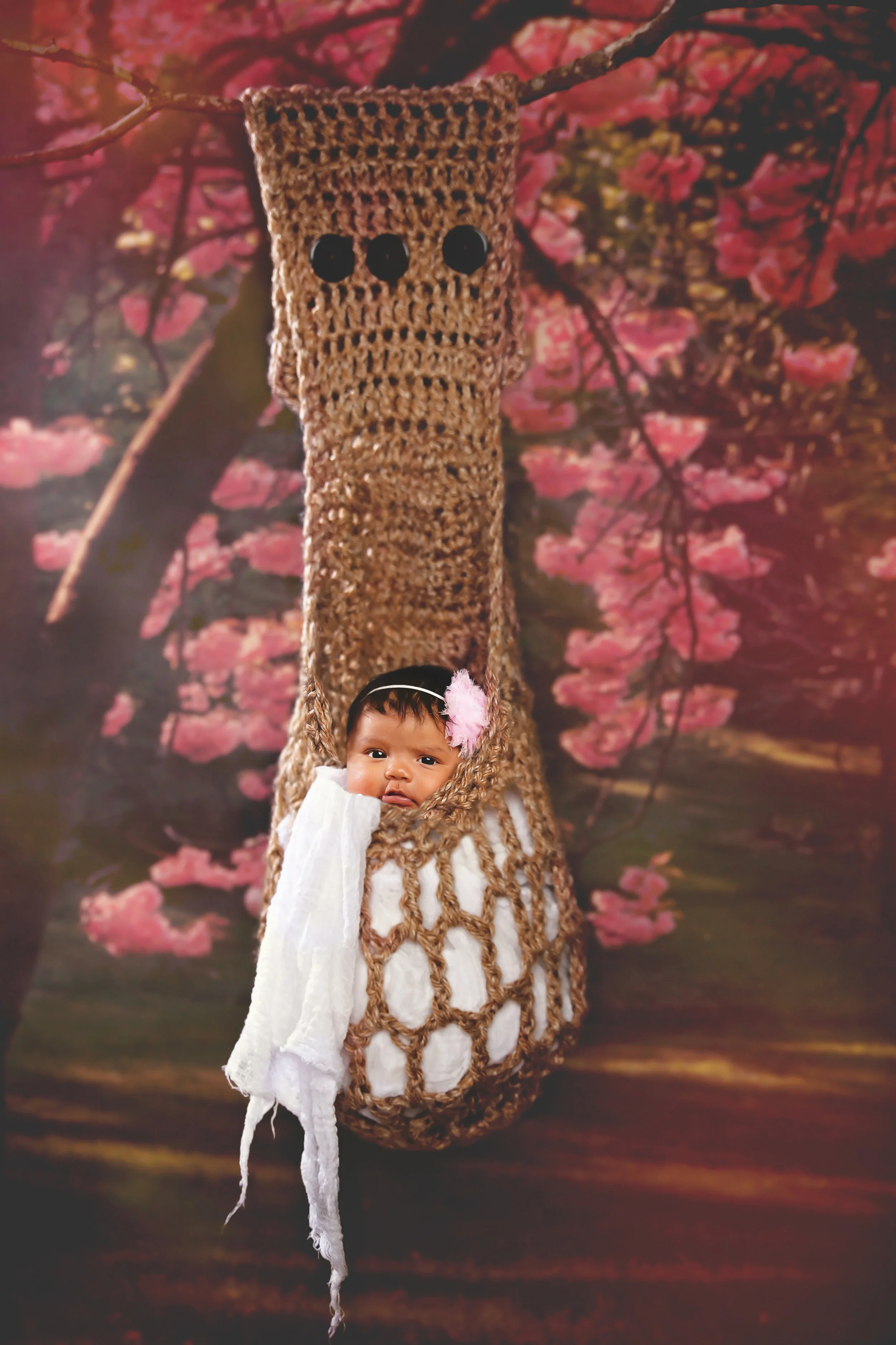 Newborn baby posed in a woven hanging prop with a floral backdrop during a creative newborn portrait session.