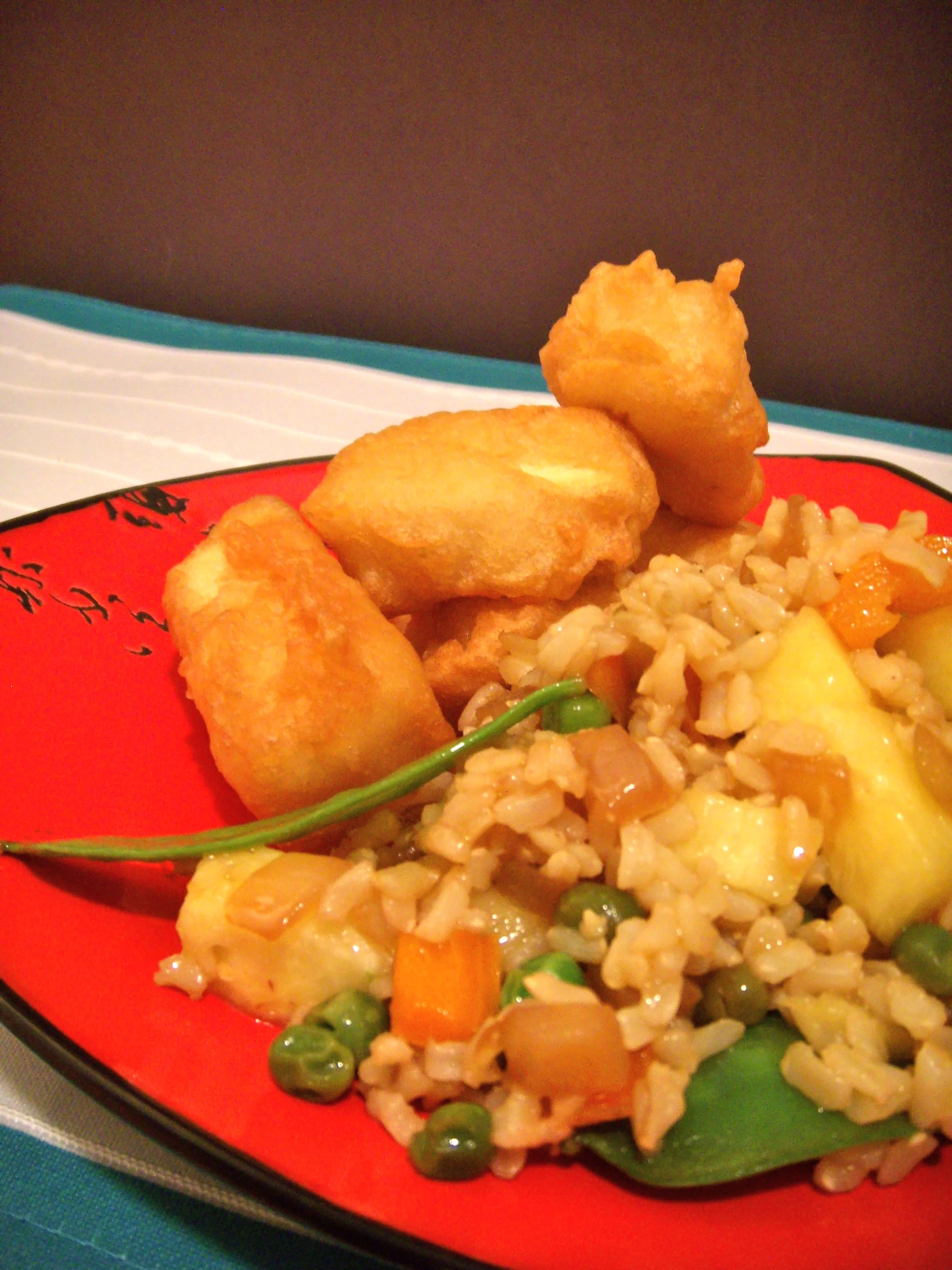   crispy Chinese tofu fingers, vegetable fried rice, pineapple  