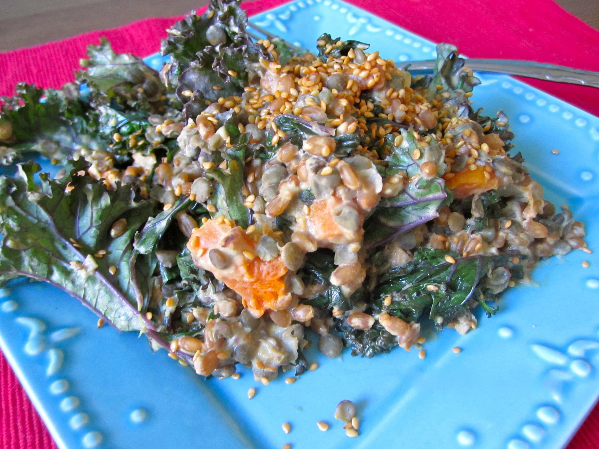   roasted butternut squash, lentils, wilted kale, tahini-garlic sauce, toasted sesame seeds  