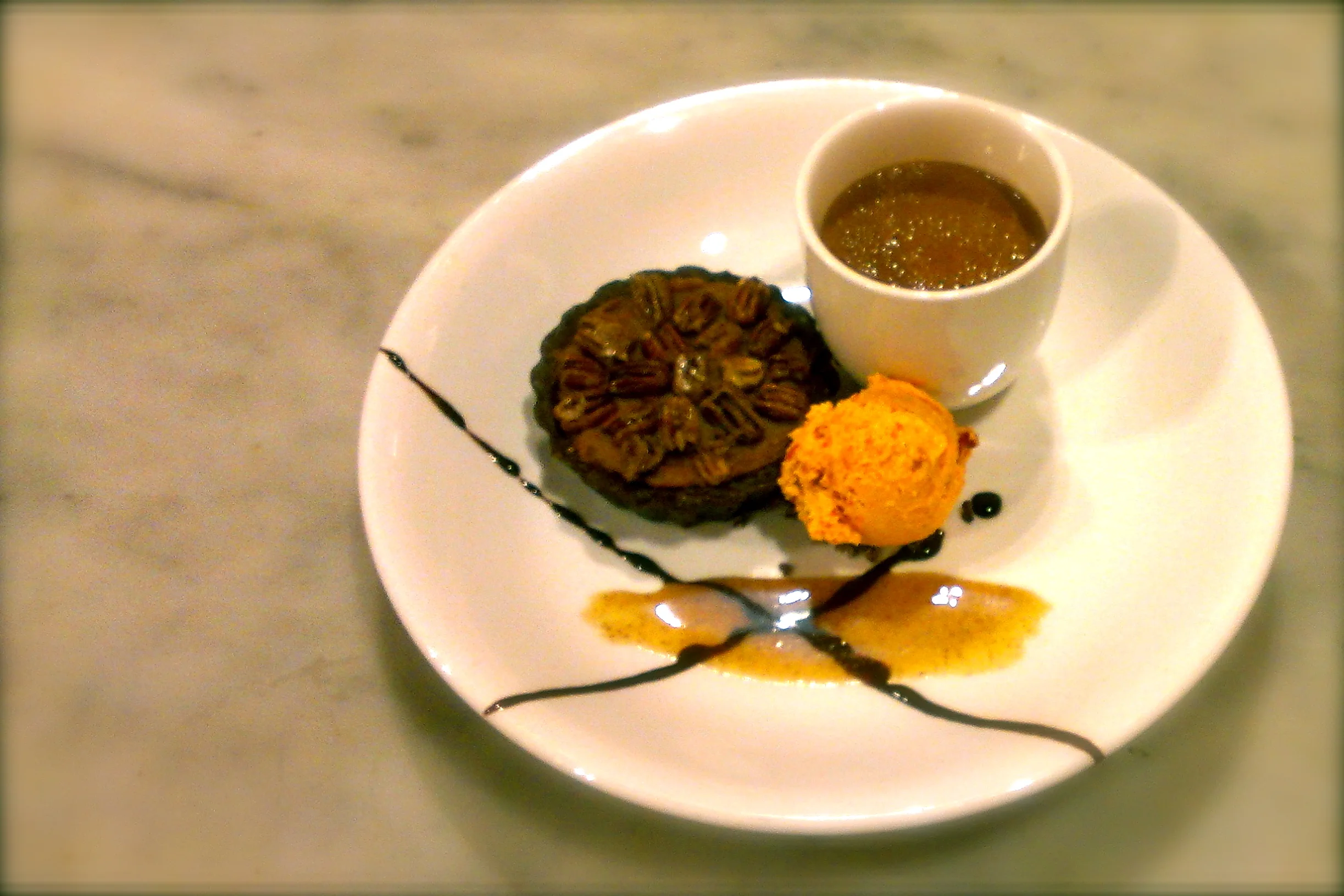 pecan pie in chocolate crust, hot cocoa, peppermint stick ice cream, caramel and chocolate sauces (raw, gluten-free)