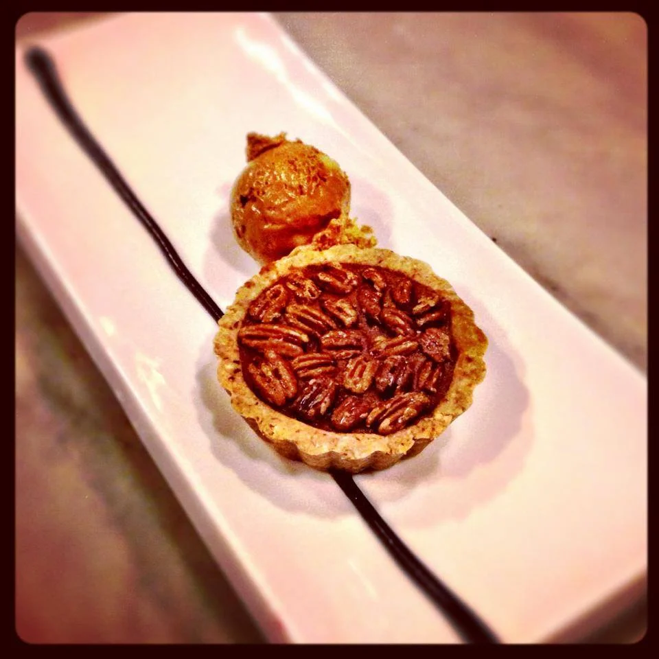 pecan pie, chocolate white chocolate chip ice cream, chocolate-ginger sauce (raw, gluten-free)