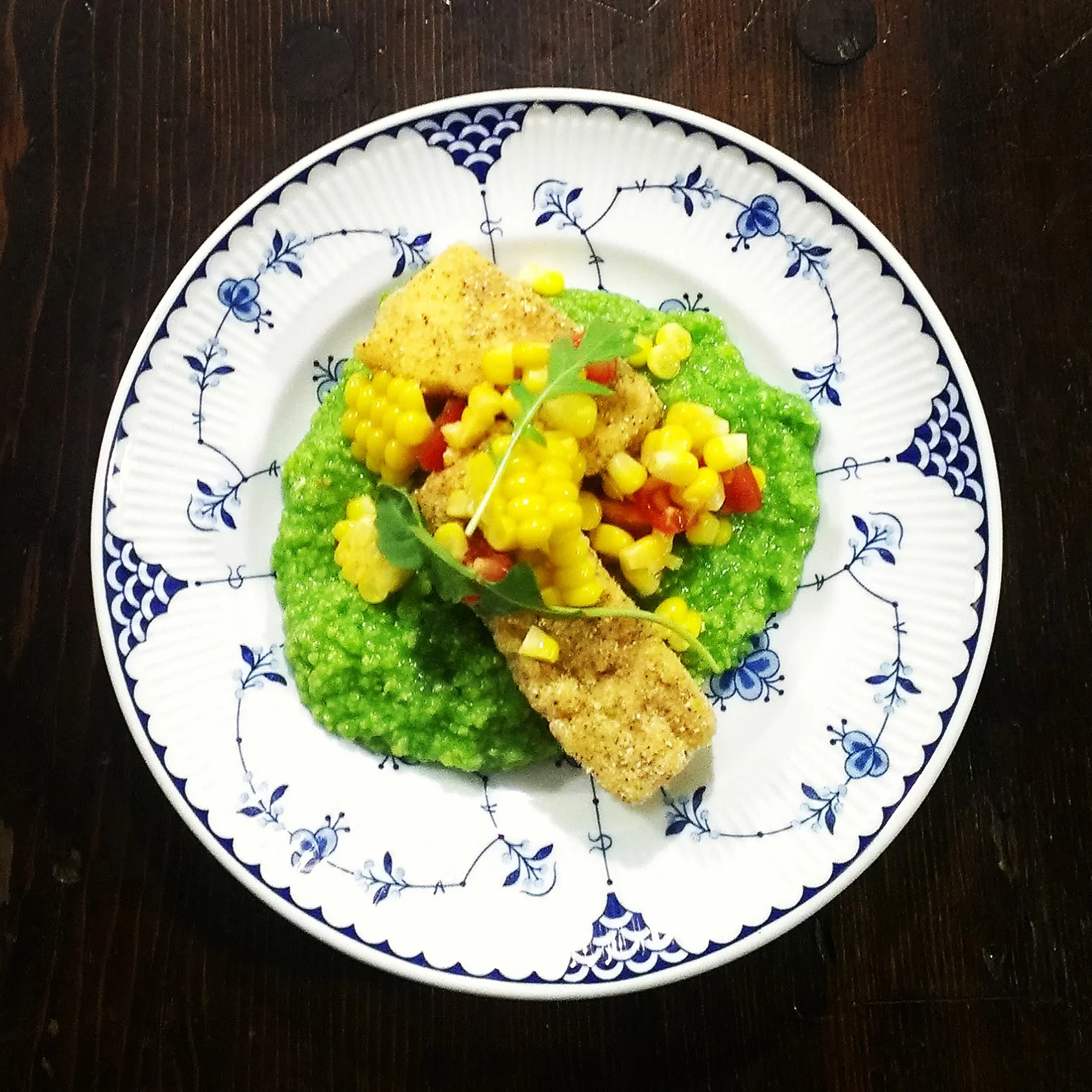 cornmeal crusted tofu with corn salsa over green garlic grits