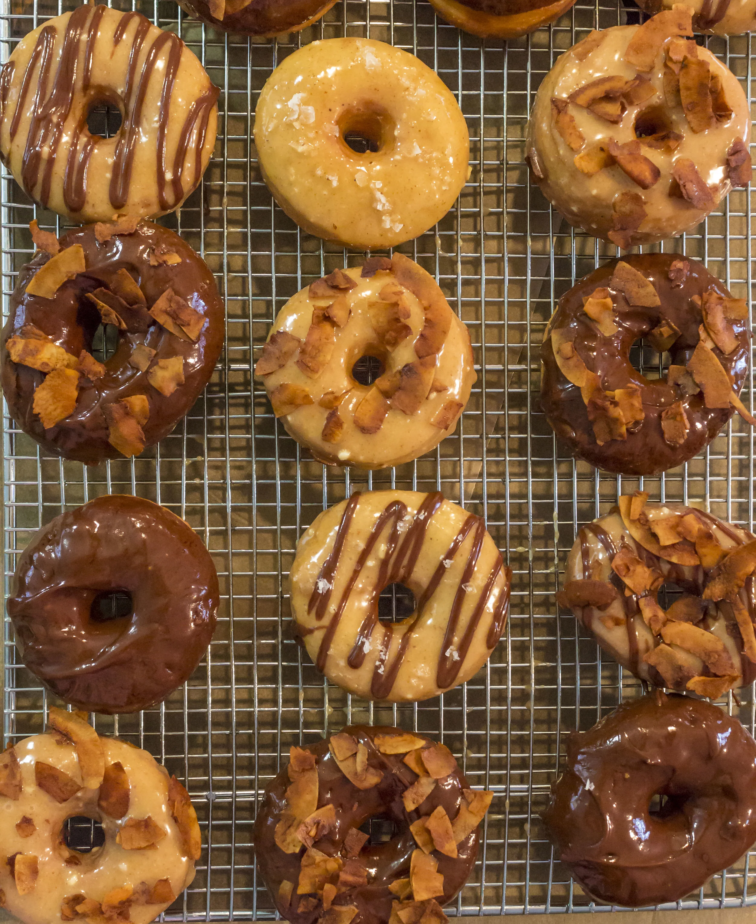chocolate glazed and male caramel glazed with coconut bacon and maldon salt