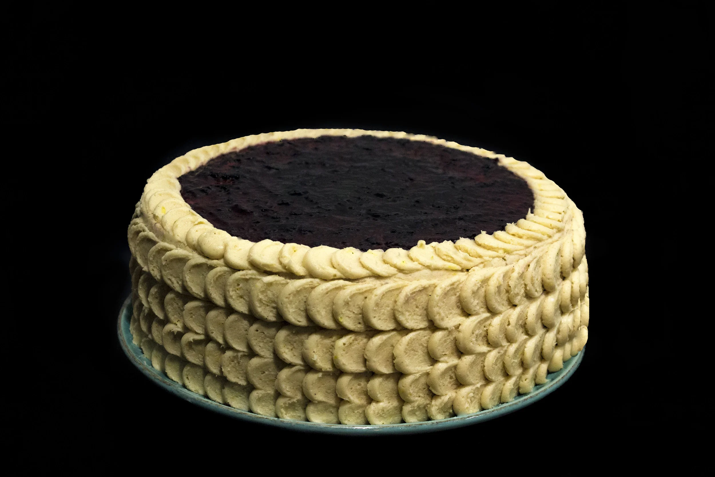 cinnamon cake, lemon-cinnamon buttercream, blueberry jam