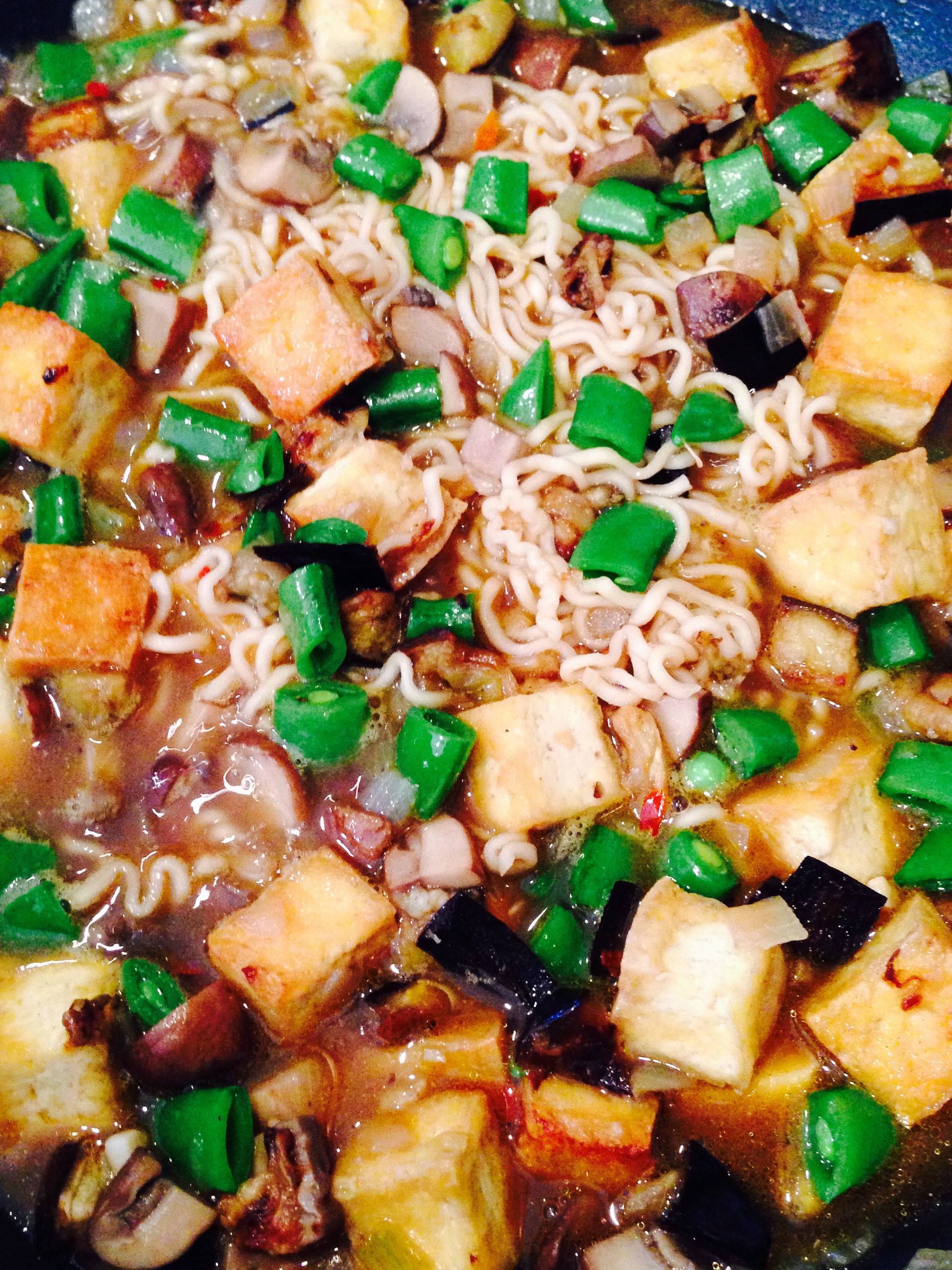 ramen, pan seared tofu, shiitake mushrooms, roasted eggplant, sugar snap peas