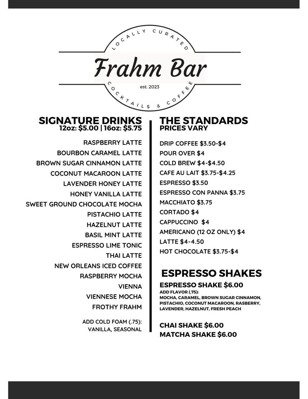 MENU — Frahm Bar