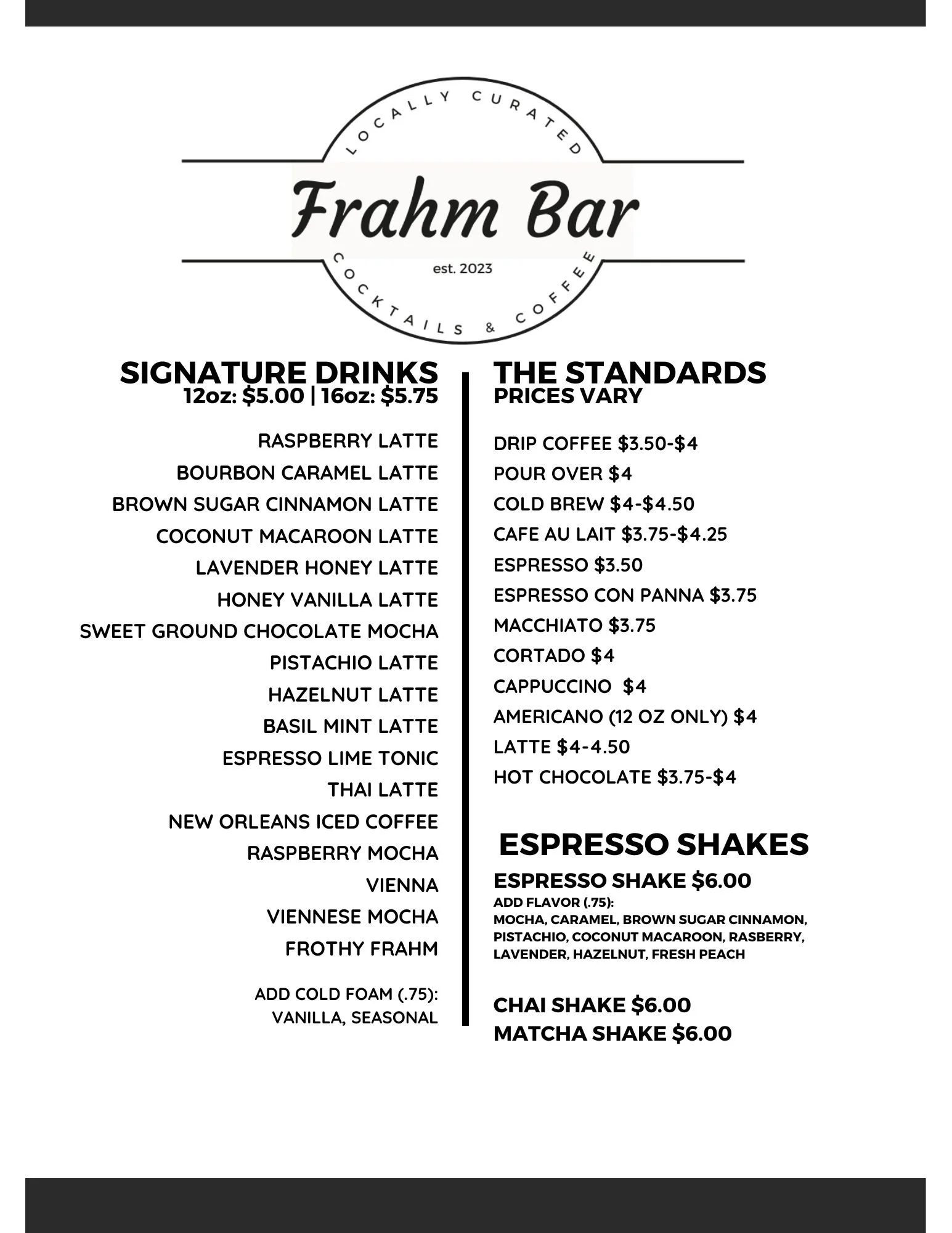 MENU — Frahm Bar