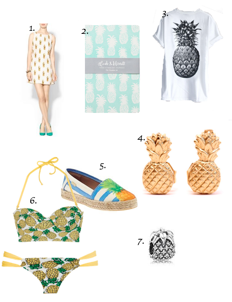 1.) Townsen Pineapple Dress 2.) Day Journals Vacation Set 3.) Pineapple Shirt 4.) Pineapple Earrings 5.) Kaanas Bahamas Flatform 6.) Pineapple Bikini ON SALE! 7.) Sparkling Pineapple, Clear CZ