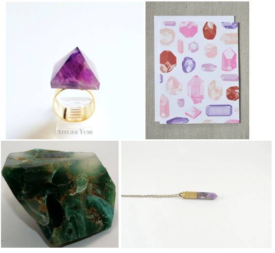 Clockwise from top left: Amethyst Gemstone Pyramid Ring , Thank You Jewels and Gems Notecard , Purple Jasper Crystal Bullet Necklace , Malachite Soap