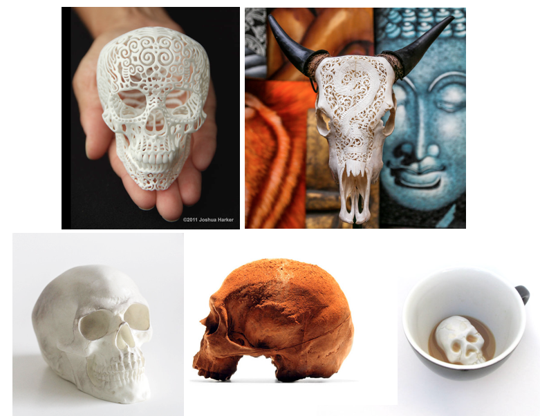 clockwise from top left: filigree sculpture , carved steer skull , cup , chocolate skull 1 + 2 .