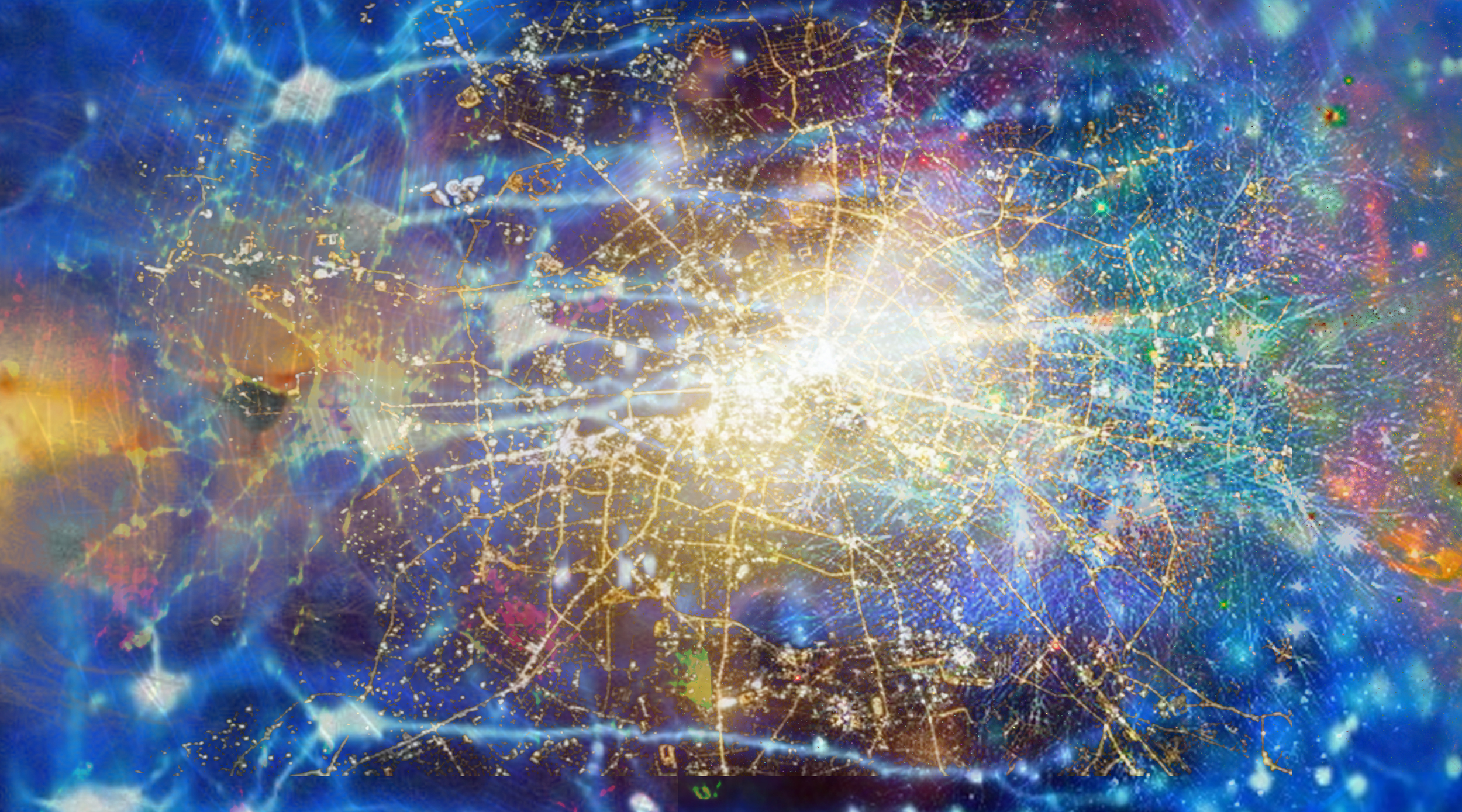  Collage of networks: atomic, photon, cellular, neural, transport, digital, celestial.