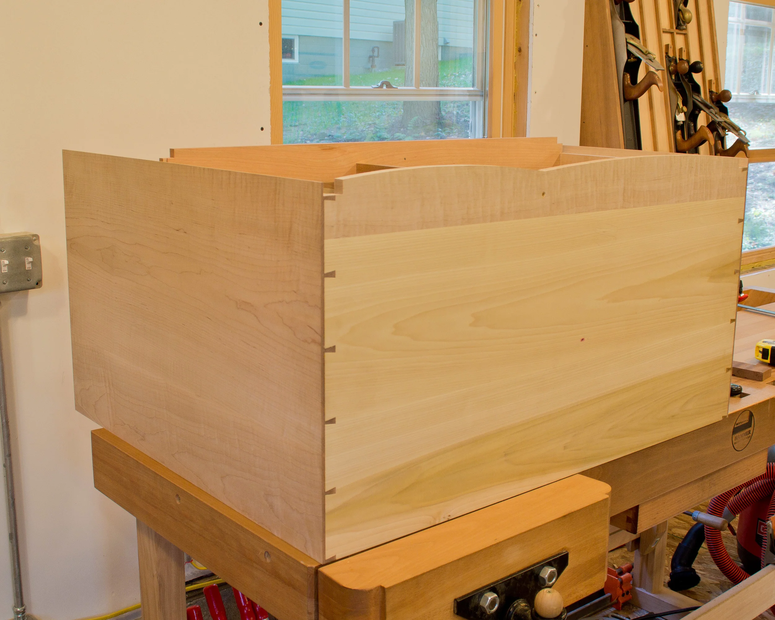 Here are those half-blind dovetails, viewed from the bottom.