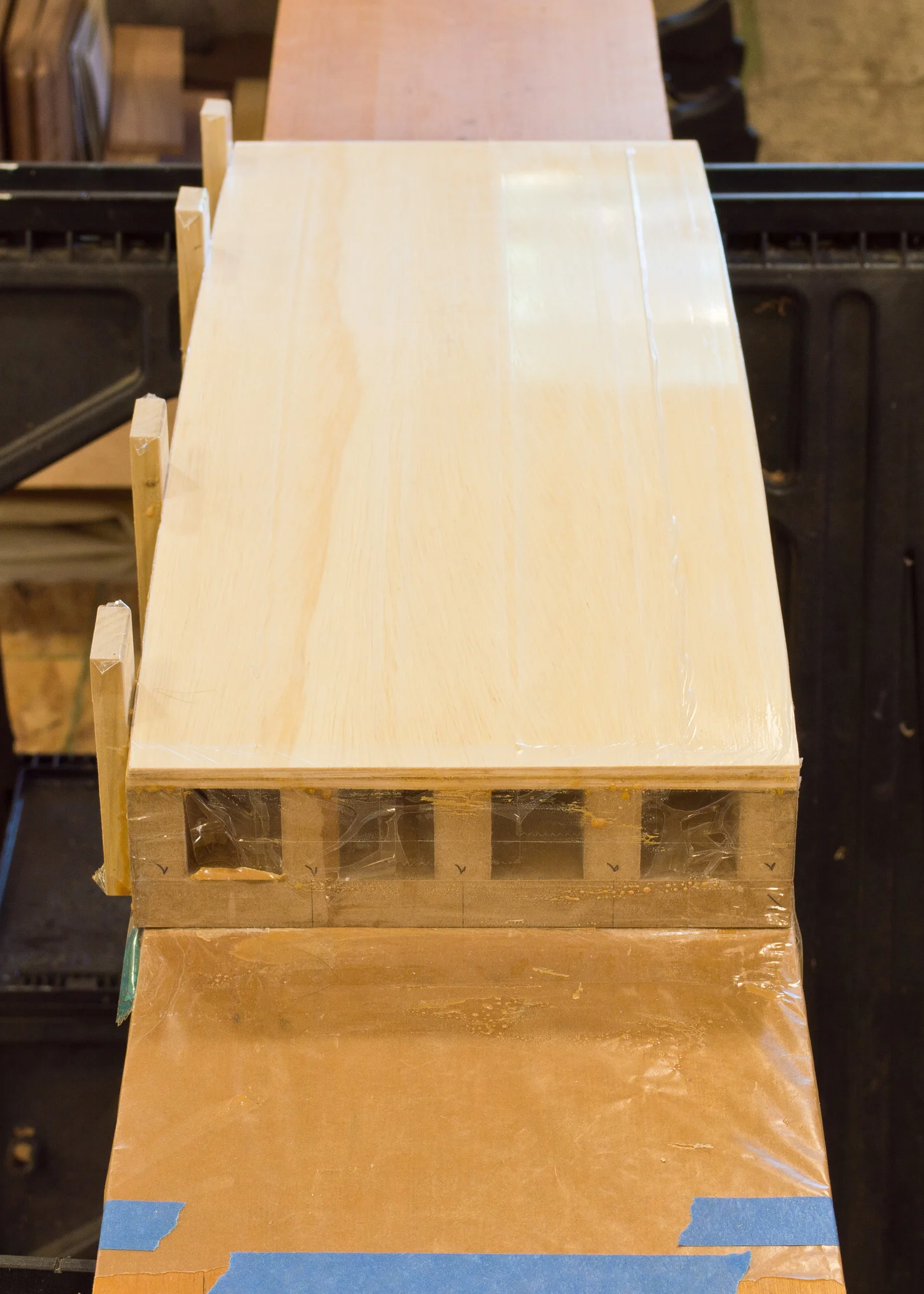 Same form, different view. Here you can see the ribs. The entire form is wrapped in packing tape to prevent the adhesive from sticking to the form.