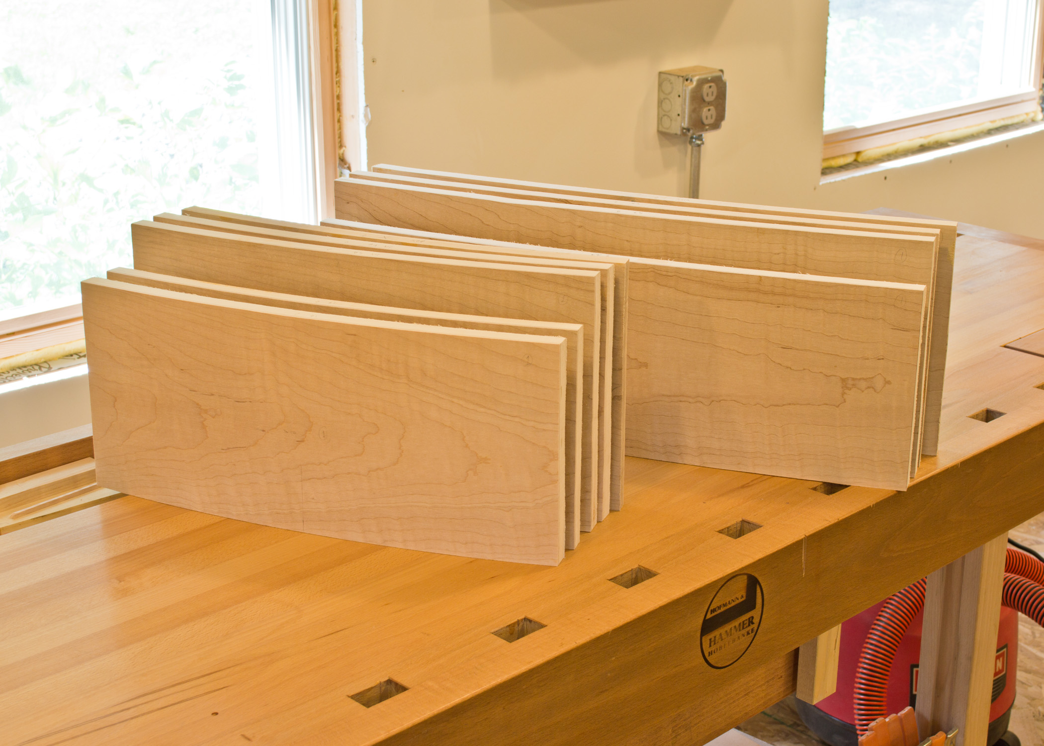 Ten drawer fronts and here are nine of them. &nbsp;The finished chest has only 8 drawers, but I made an extra drawer front for each side, just in case. 