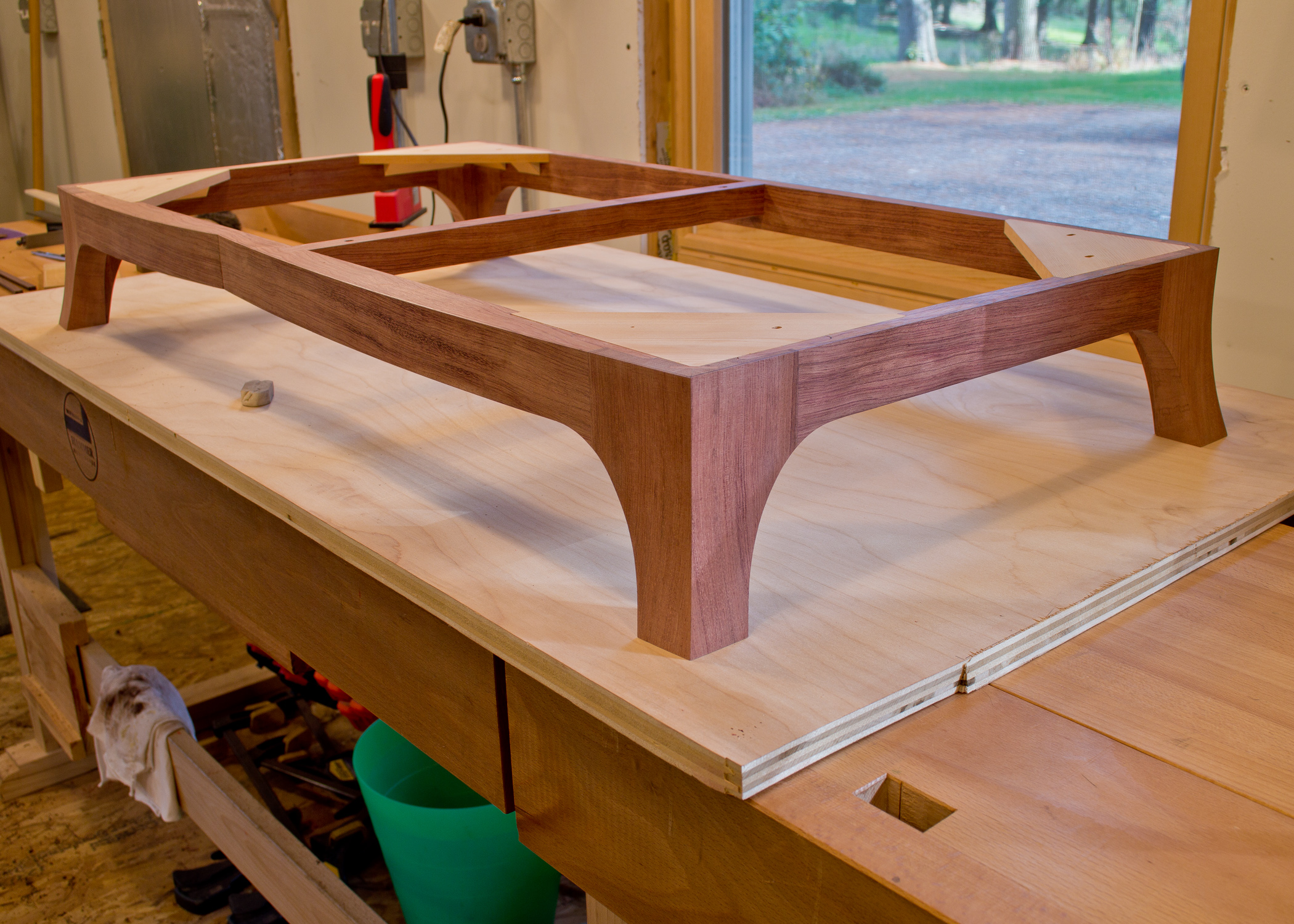 The base, before adding the bead. The corner gussets are Douglas-Fir, with spruce glue blocks to stiffen everything. It took a lot of shaping of wood with rasps, files, chisels, spokeshaves to get to this point.