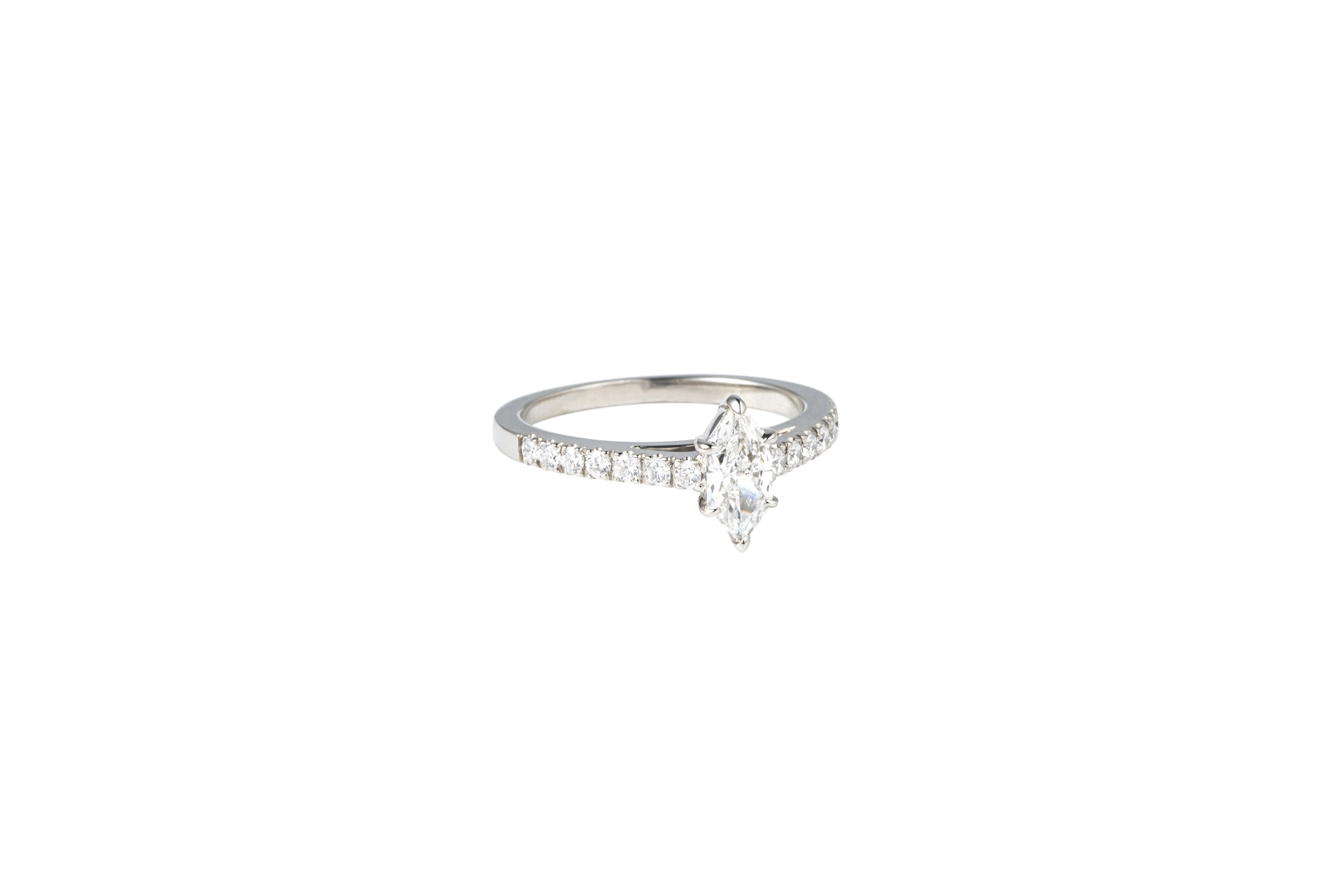 Engagement ring with duchess cut diamond and white gold