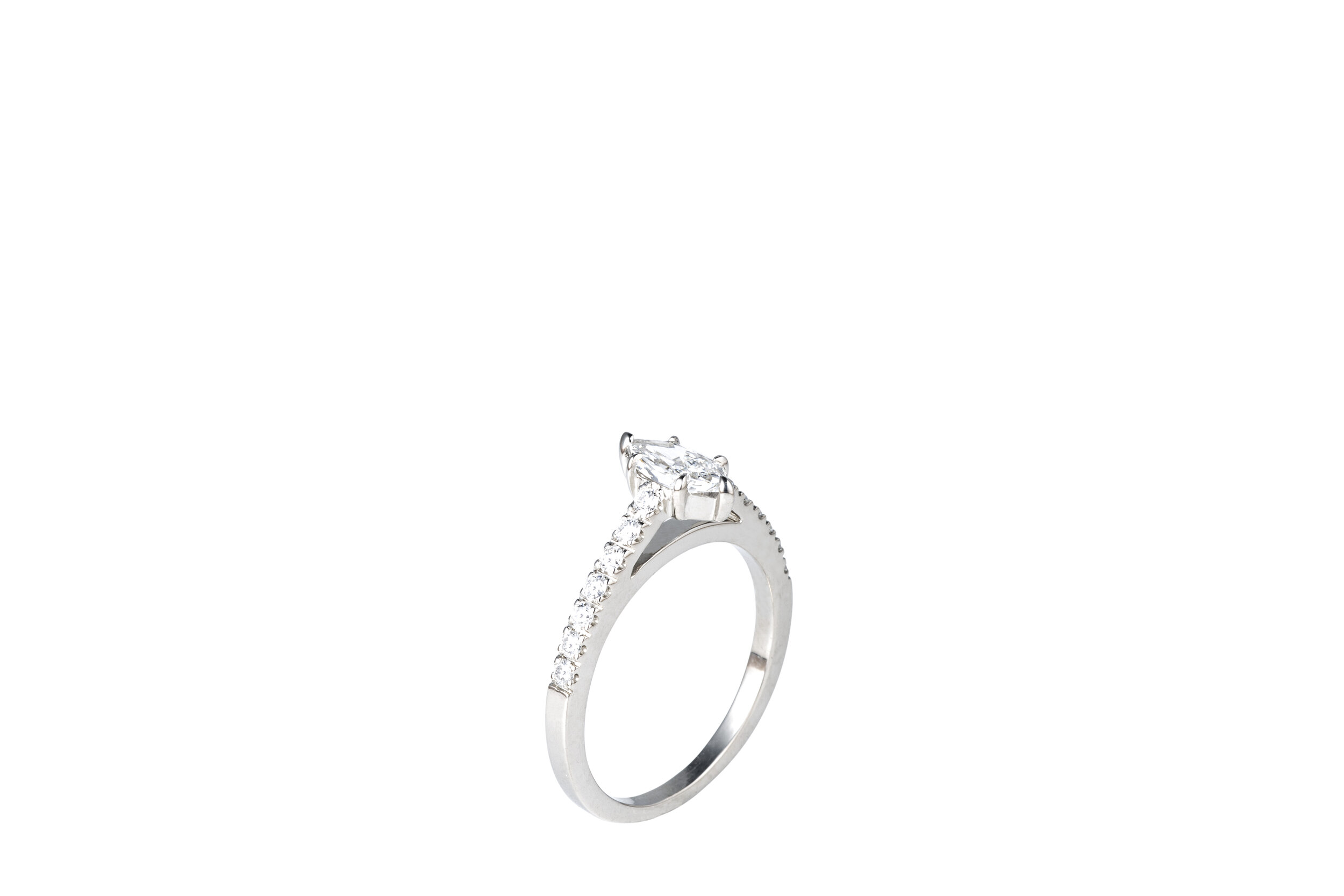 Engagement ring with duchess cut diamond and white gold