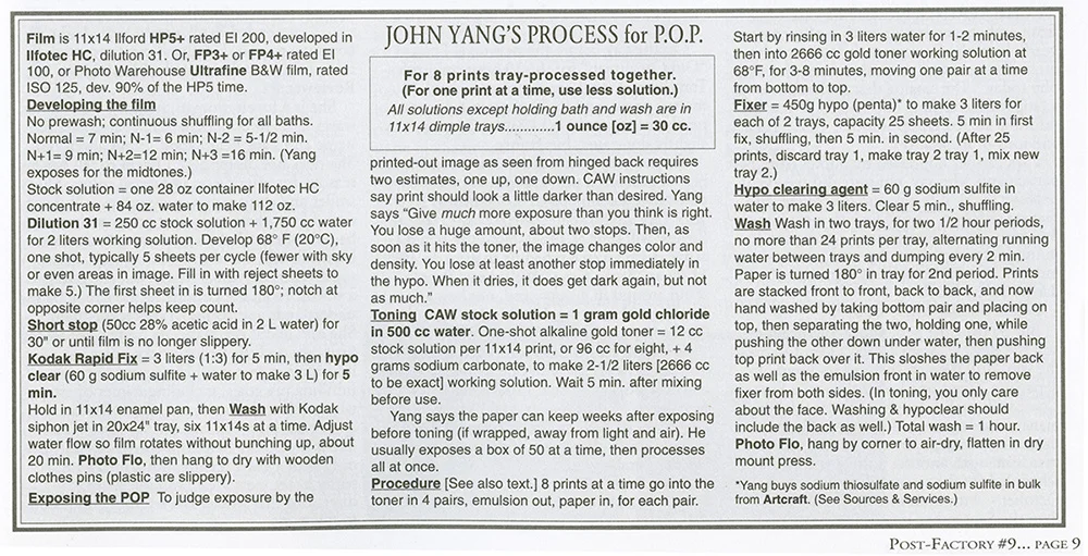 John Yang's Process for P.O.P. printed with his interview in Post-Factory Photography #9