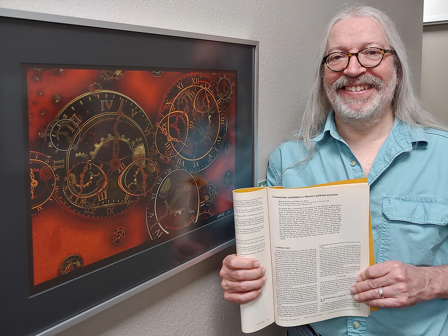 Holding my physics journal article next to my framed piece titled, Schiele's Clocks (Red Variant).