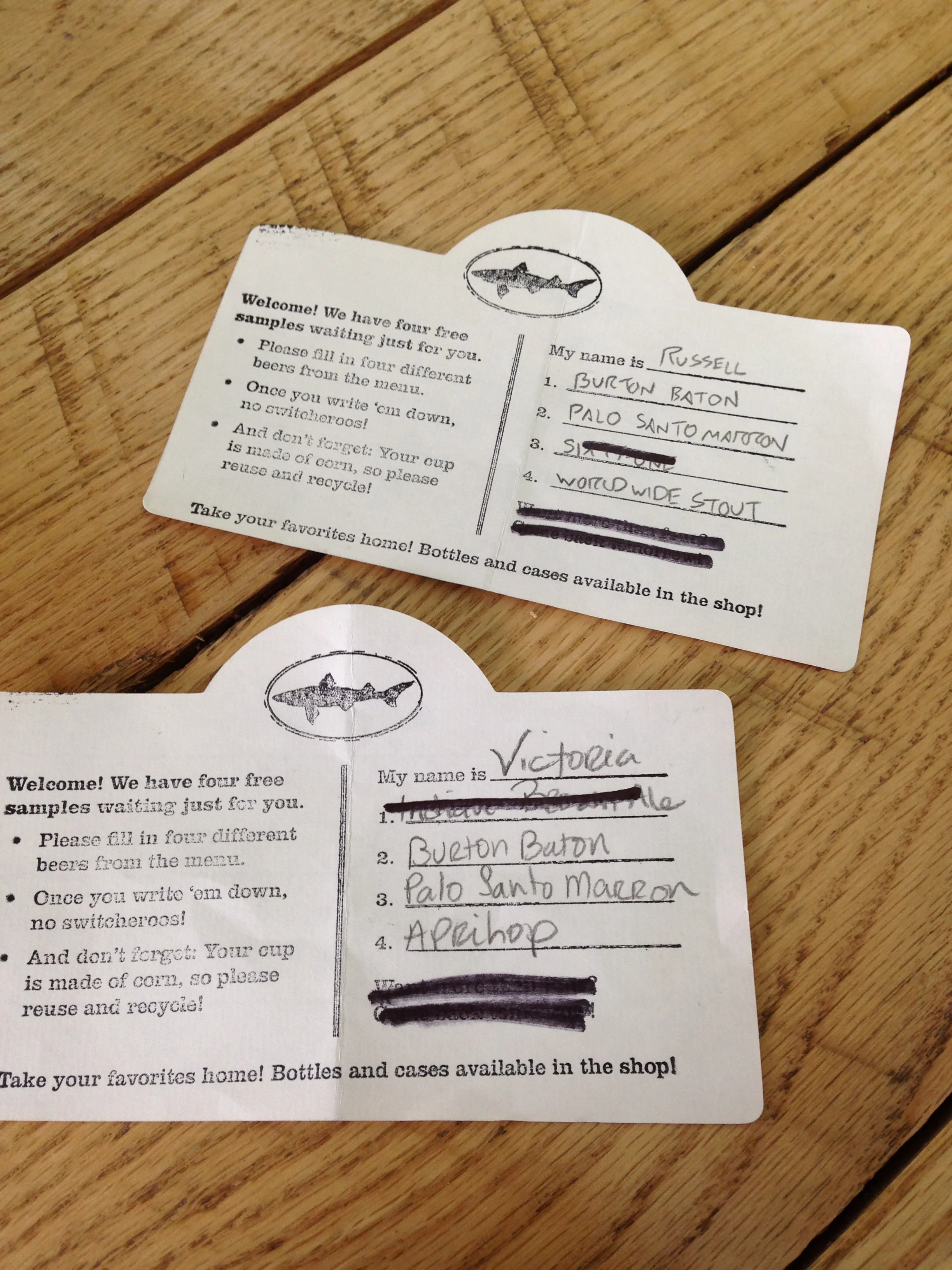 After the tour you get a tasting! We crossed out the beers we weren't into, but the others were tasty. Especially the Burton Baton.