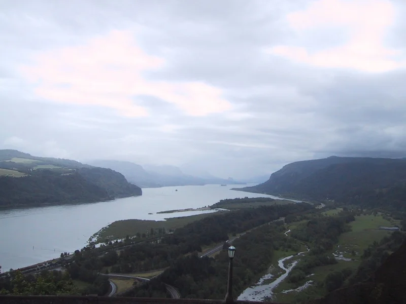 A very overcast and foggy Columbia River Gorge where on sunny days you can see people Kite Surfing in the wind.