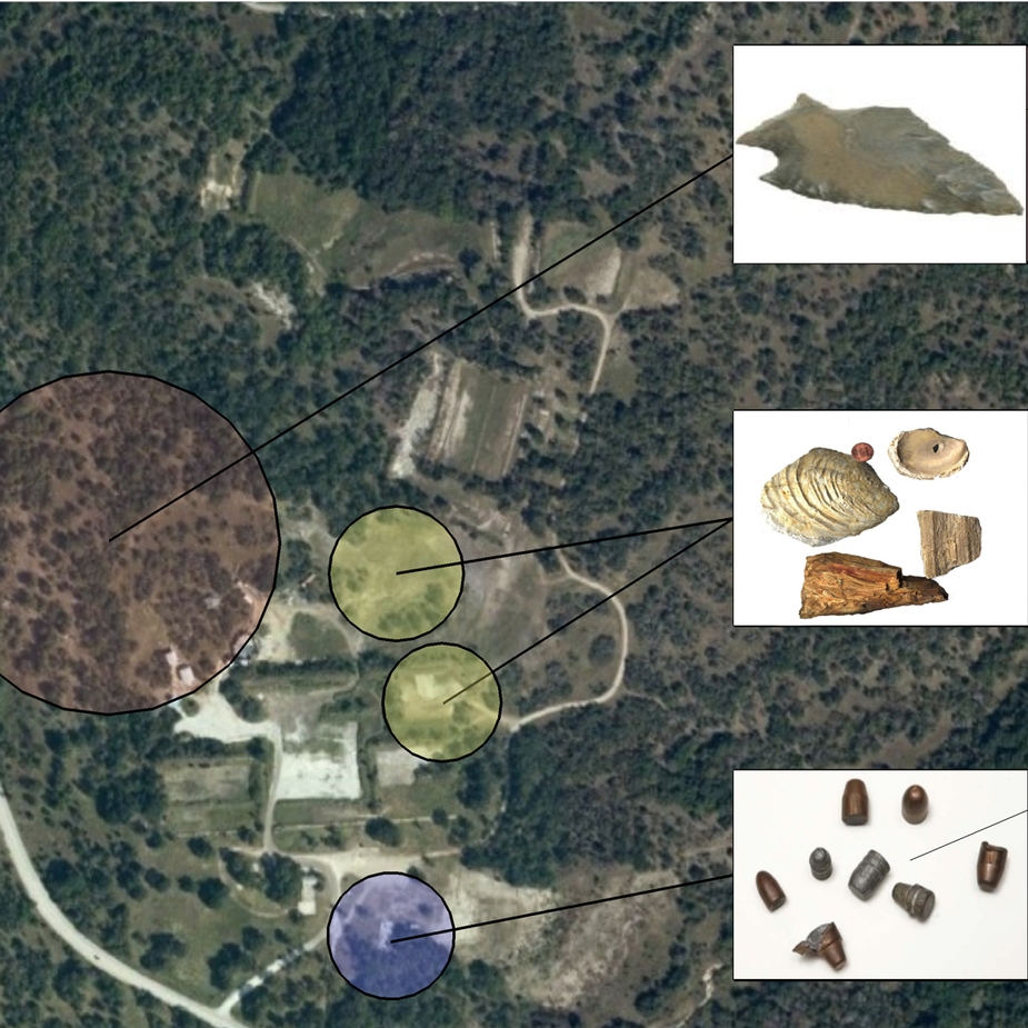  Artifacts found on the site:&nbsp; arrow heads, fossils, and bullets 
