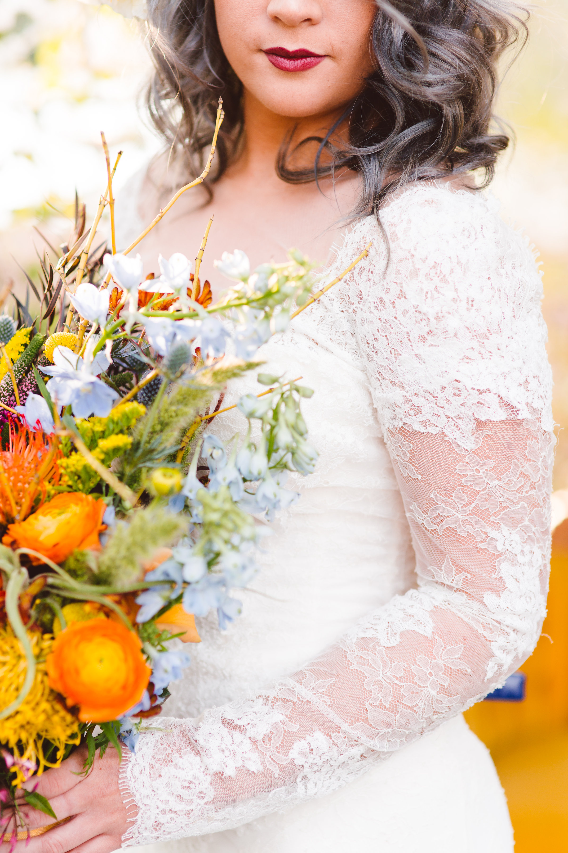 Boho Bride lace dress and bouquet