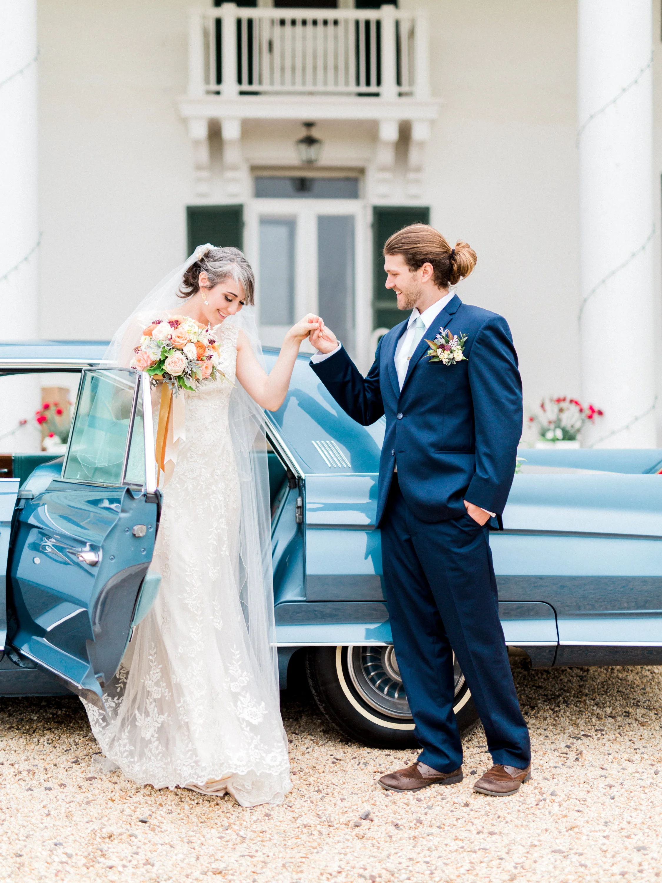 Bride and Groom and Classic Car
