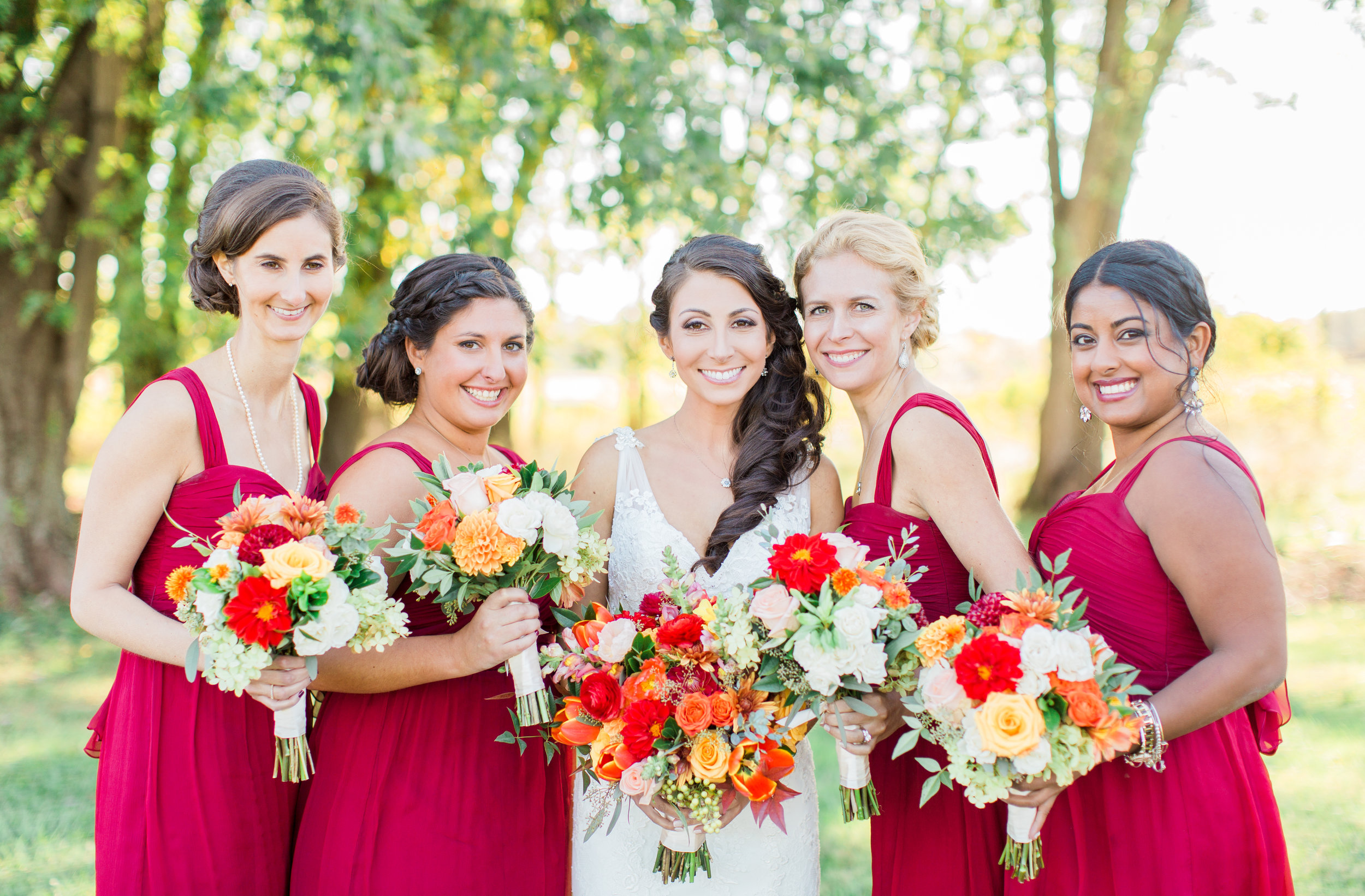 Crimson and orange Bridal Party