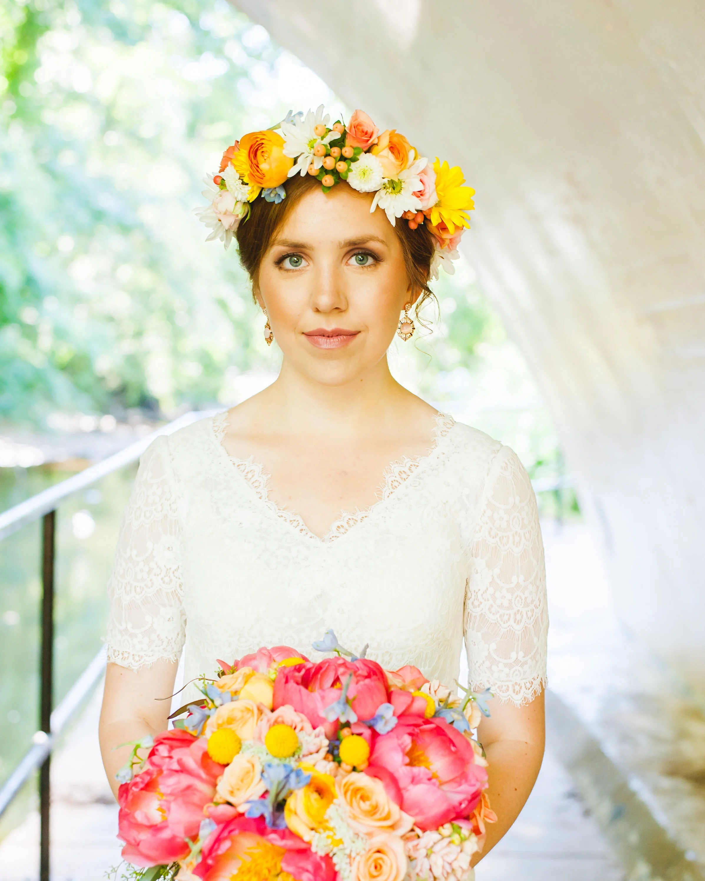 Bright happy bridal bouquet and flower crown by Lark Floral 