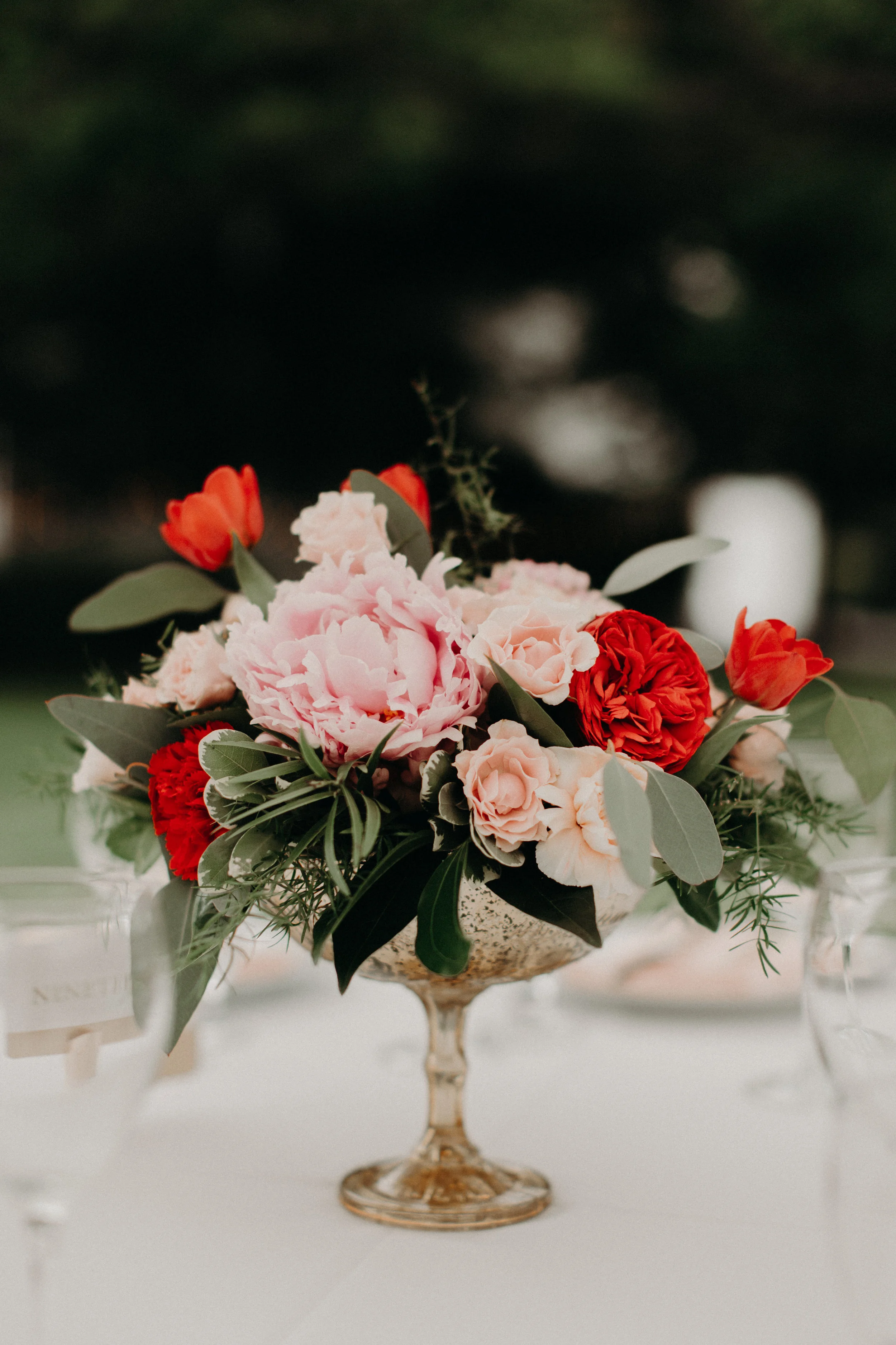 Wedding Centerpiece in gold compote by Lark Floral