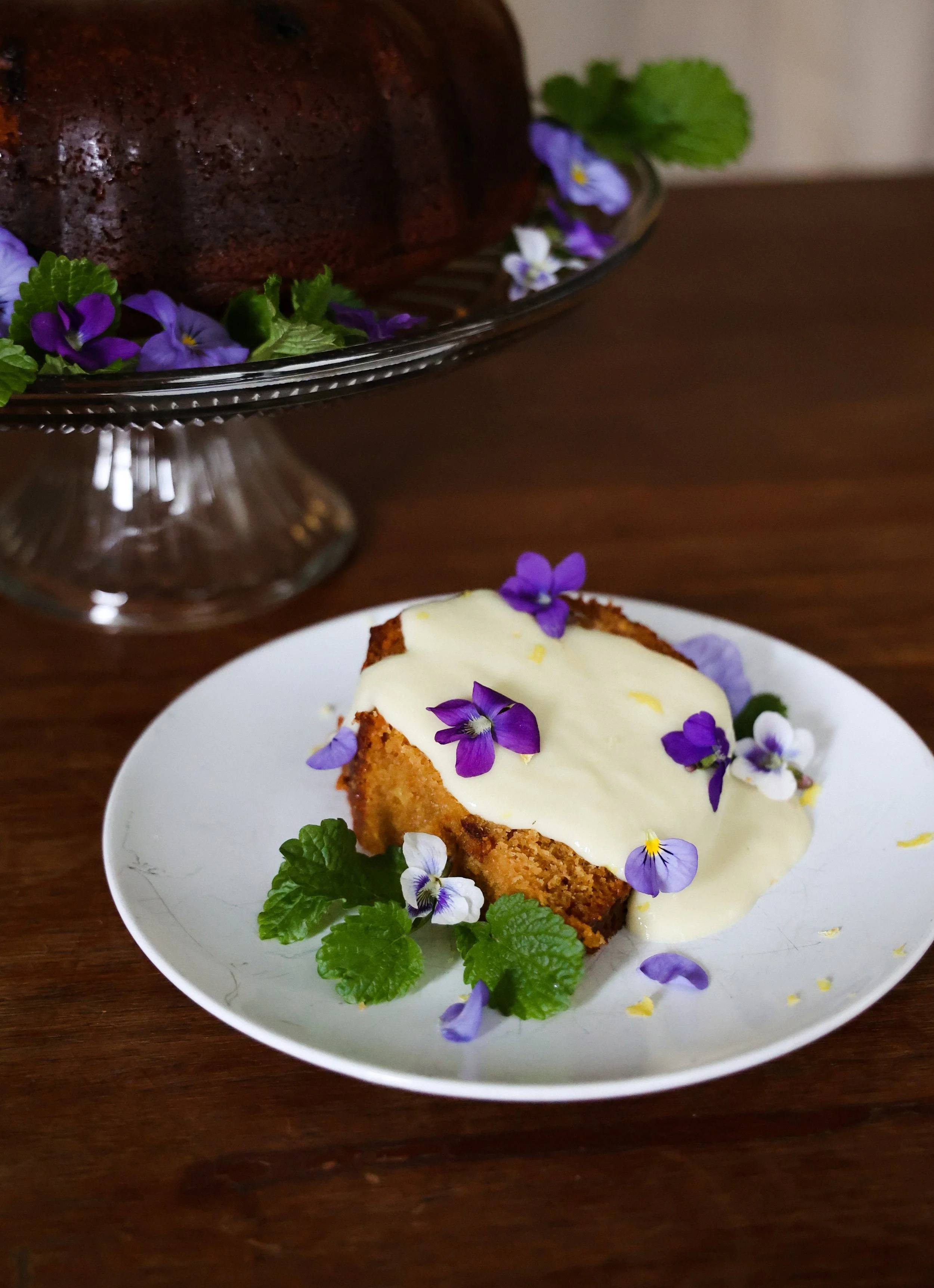 Honey Cake with Wild Violet Custard