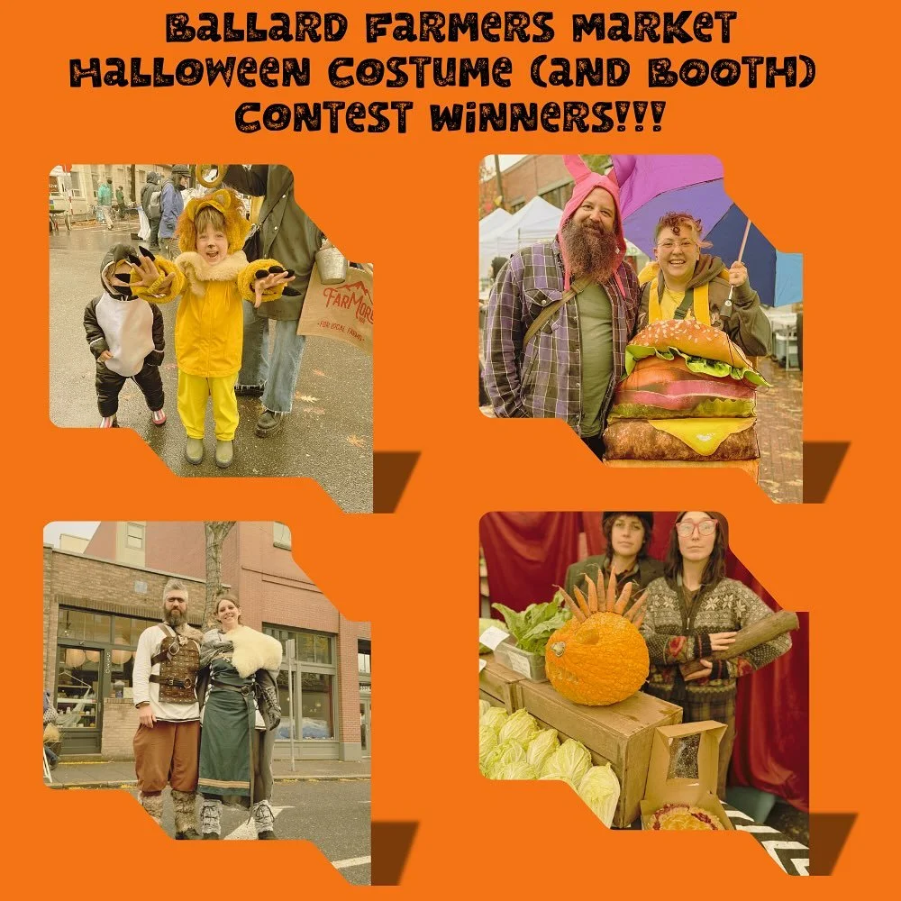 Congratulations to the Ballard Farmers Market Halloween Winners from this past Sunday Market!
For best vendor costume, congratulations to @snovalleymushrooms 
For best dressed Vendor Booth @wanderwoodfarm takes home first place!
And Congratulation