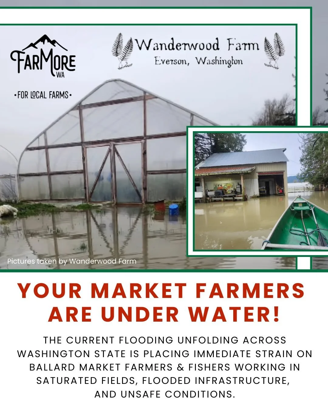 Farmers Are in Crisis Across Western Washington

Severe flooding has devastated farms across our region. Fields are underwater, crops are lost, and essential infrastructure has been damaged. For many farmers, access to farmers markets has been disrup