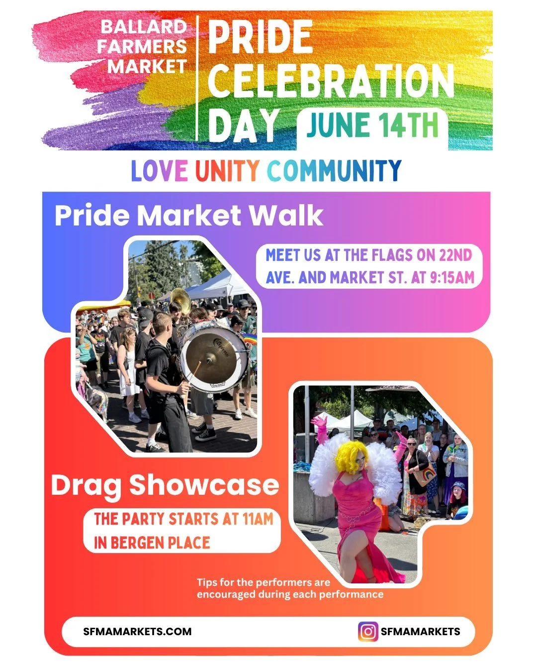 Save the date! 🏳️&zwj;🌈 Our Annual Pride Celebration is back at the Ballard Farmers Market on Sunday, May 14th!

Join us at the flags at Market St. and 22nd Ave. at 9:15 AM for the Pride Market Walk, led by the Ballard High School band, as we open 