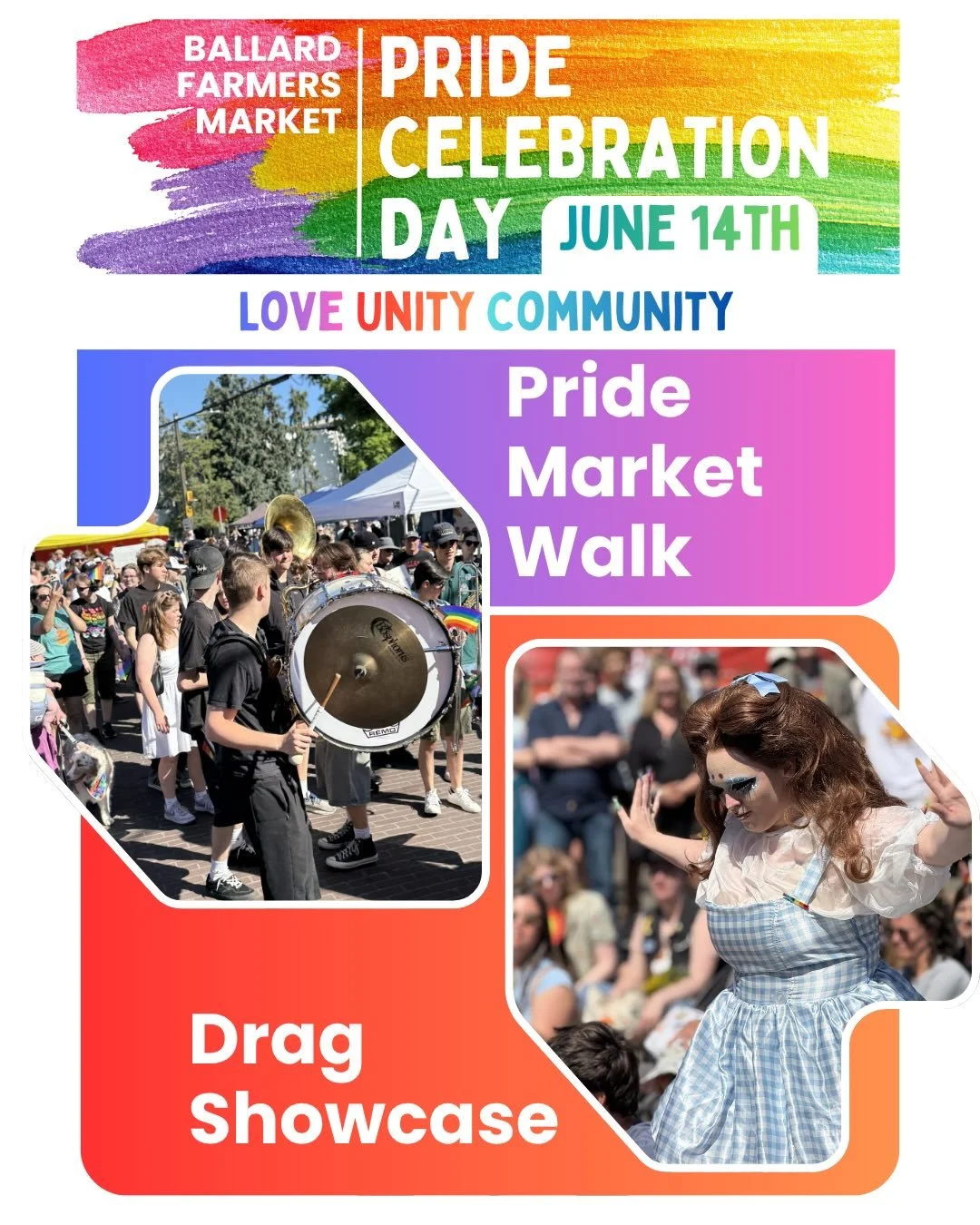A Community Market Walk, Drag Showcase, and Summer Market Hauls.

The Annual Pride Celebration Day is back at the Ballard Farmers Market this Sunday, May 14th and all three of these will be there!

Meet us at the flags at 9:15 AM for the Pride Market