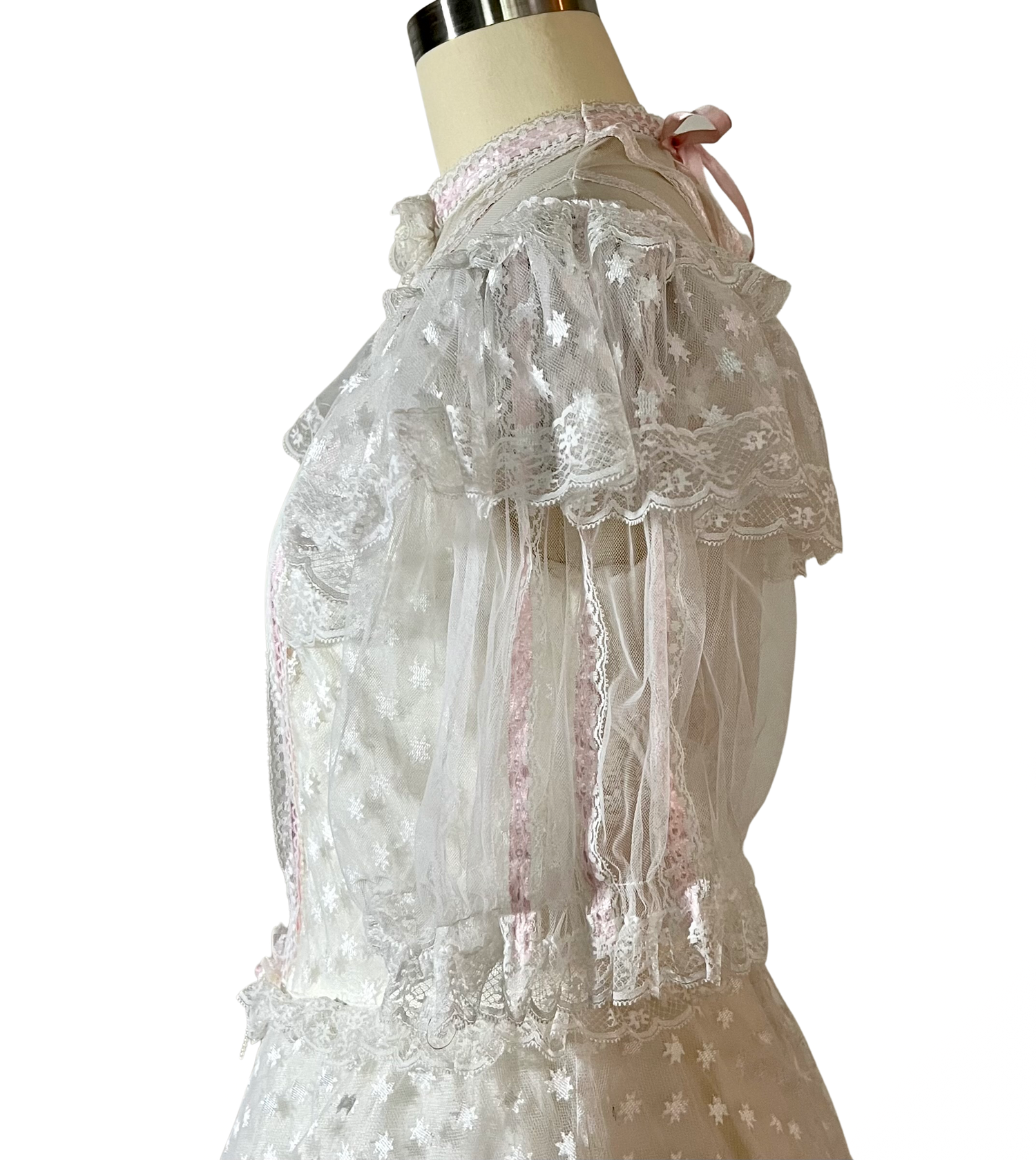 W34.1) White Lace & Pink Satin Wedding Gown (waist - 34") - RESERVED   Civil War Ball Gowns