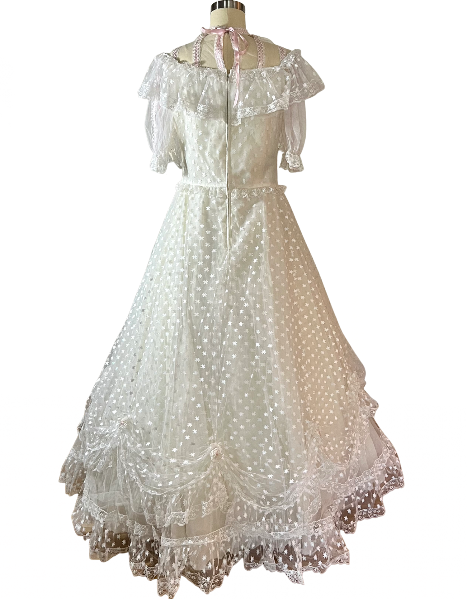 W34.1) White Lace & Pink Satin Wedding Gown (waist - 34") - RESERVED   Civil War Ball Gowns
