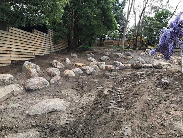 48 hours, 3 amazing staff, 2 machines and 20 cubic meters of granite boulders ready for planting... #landscape #lucidalandscapes #construction #rockwork #bushprojects