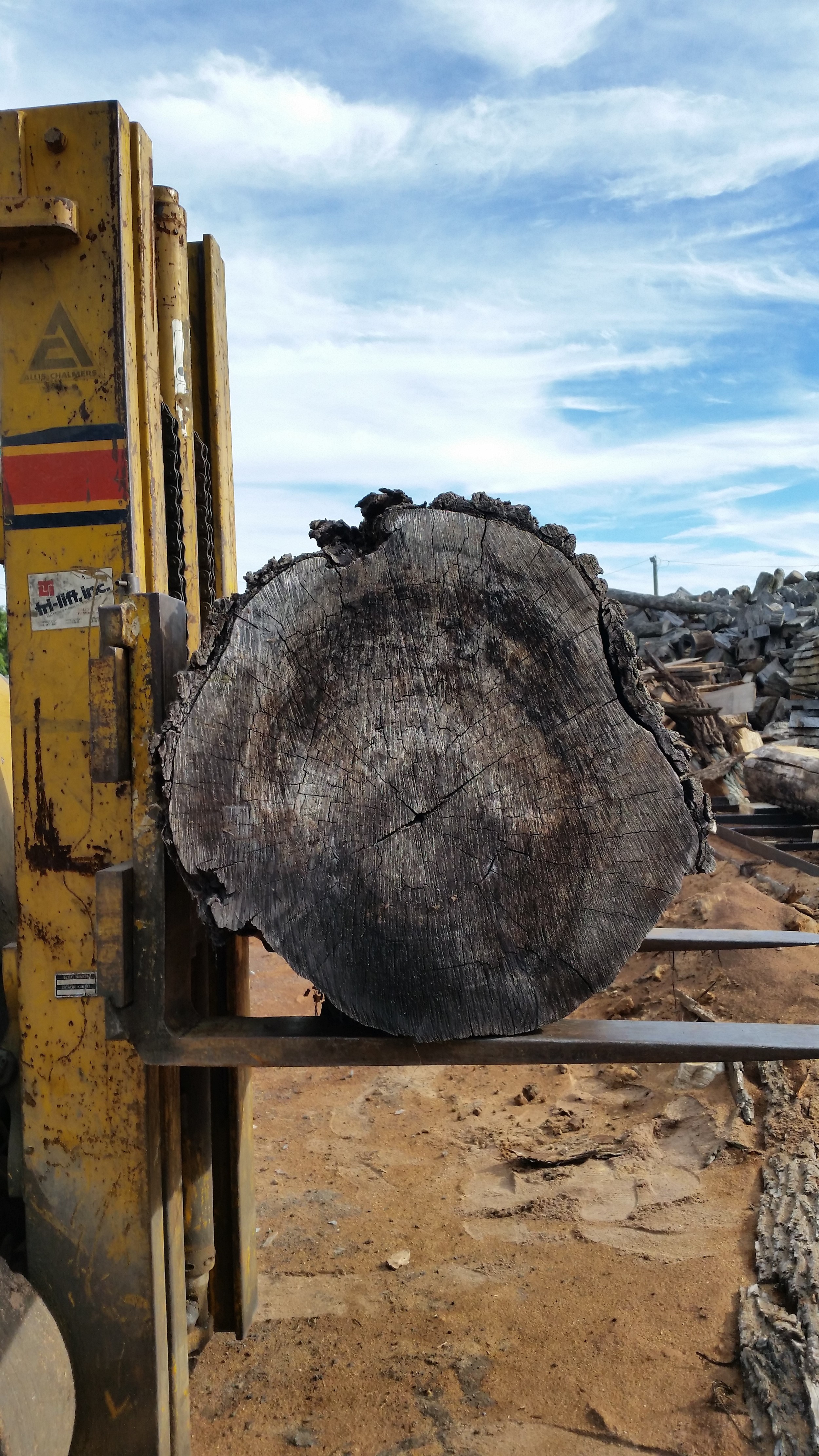 First up, identifying the appropriate sized log and moving it over to the saw on our newly acquired vintage Towmotor forklift.