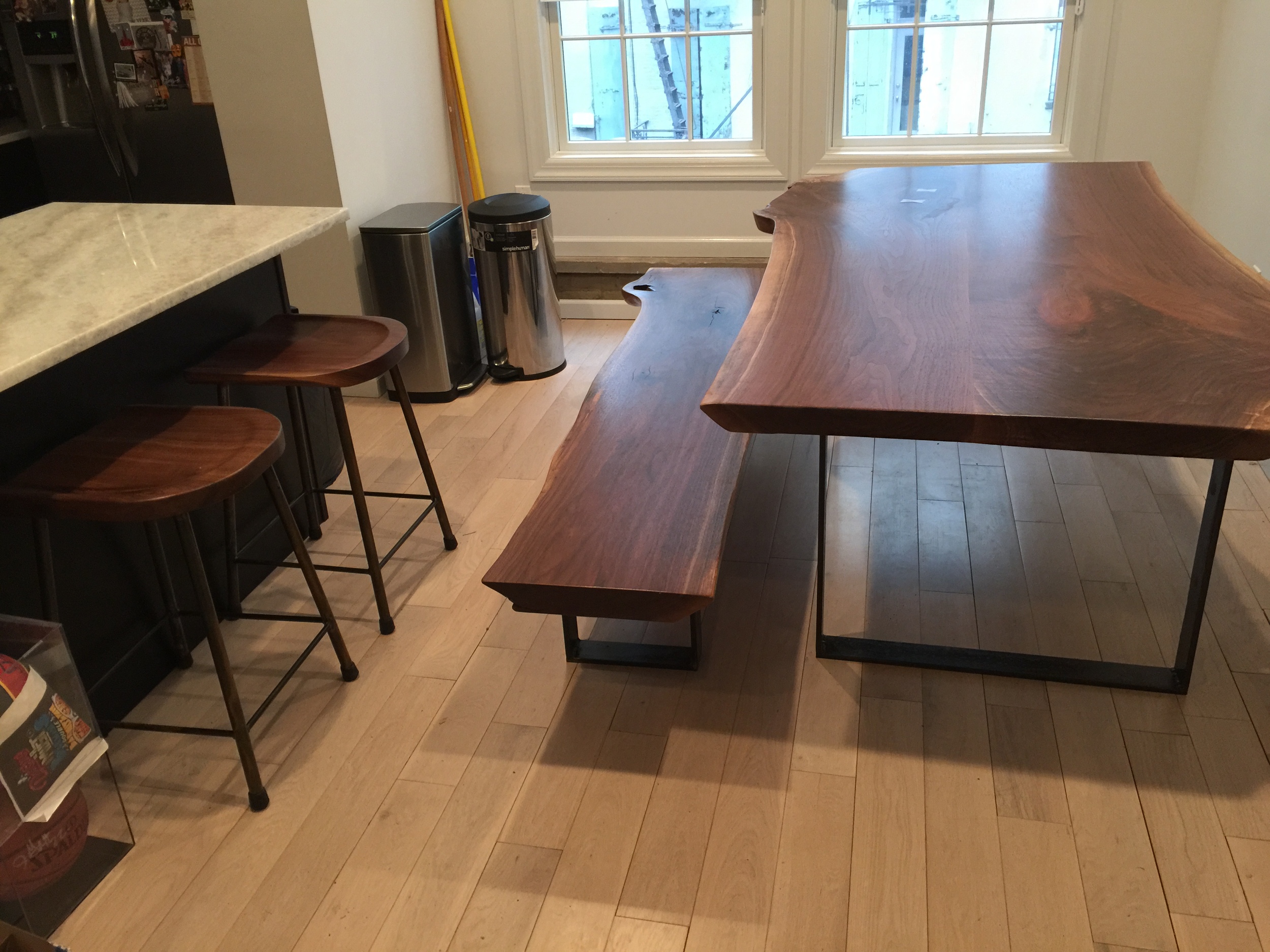 Walnut Table, Bench and Stools