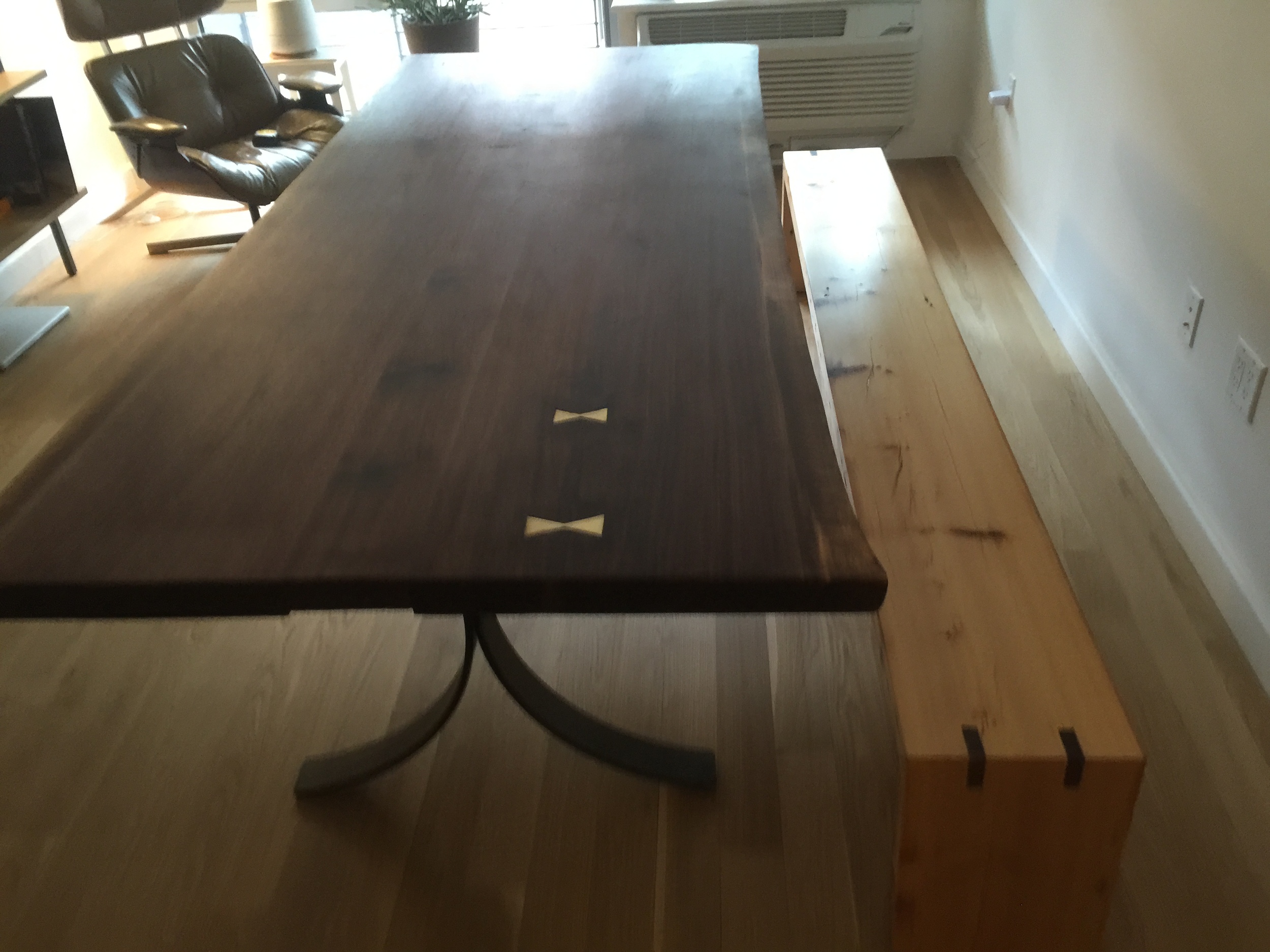 Live Edge Walnut Table and White Pine Bench with Walnut Splines