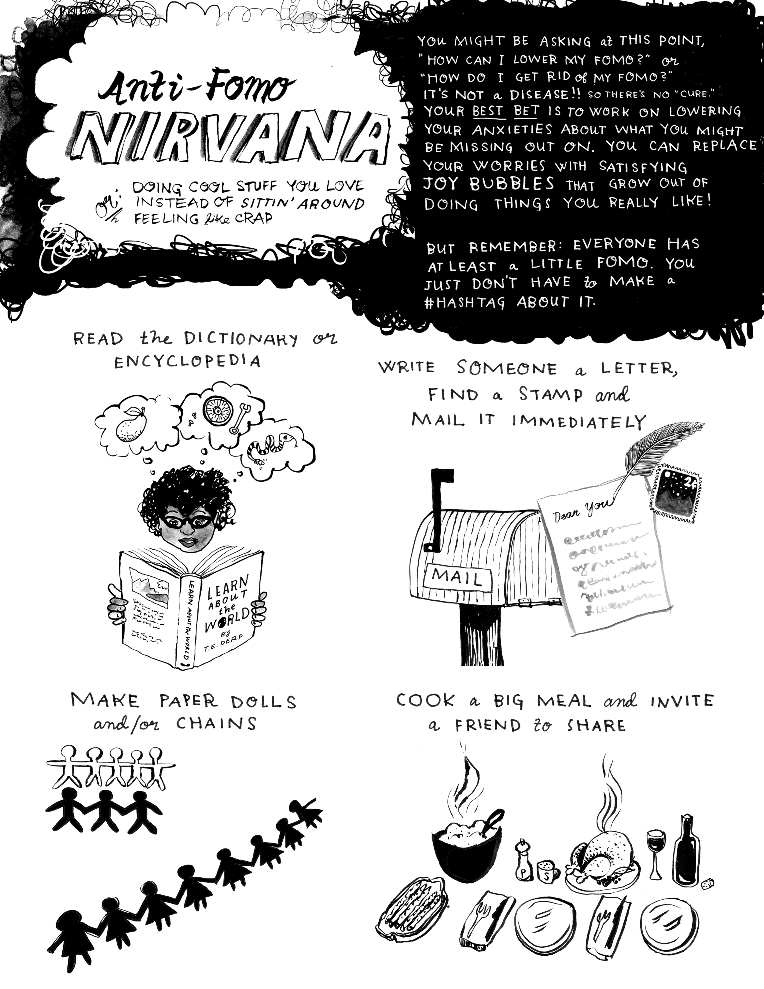 Anti-Fomo Nirvana, or, Doing Cool Stuff You Love Instead of Sittin' Around Feeling Like Crap ; ink, water-soluble graphite and digital, page 1 of 2, 2015