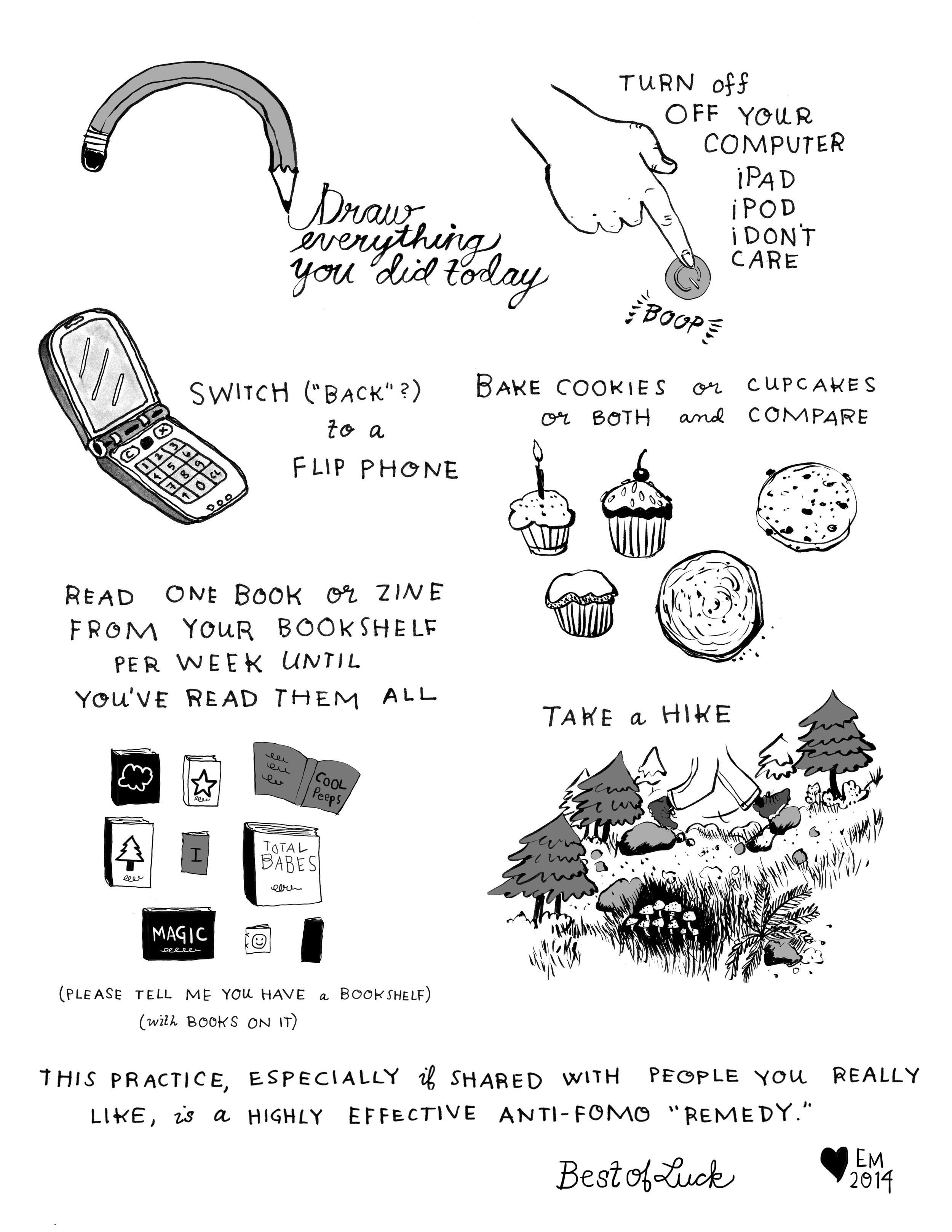 Anti-Fomo Nirvana, or, Doing Cool Stuff You Love Instead of Sittin' Around Feeling Like Crap ; ink, water-soluble graphite and digital, page 2 of 2, 2015