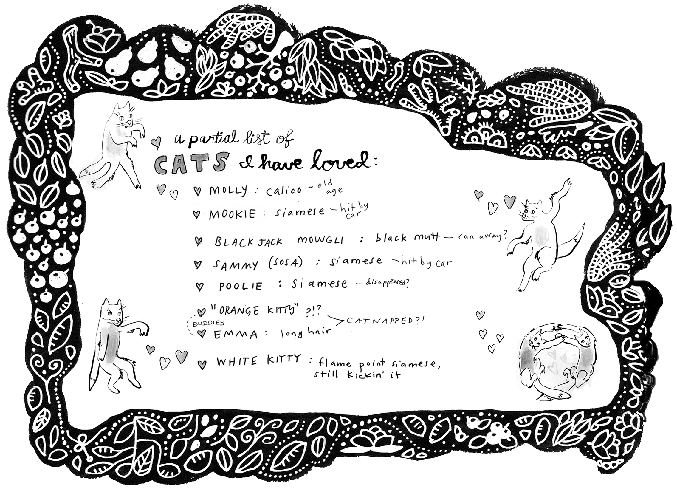 Cats I Have Loved, white and black ink with digital finish, 2016