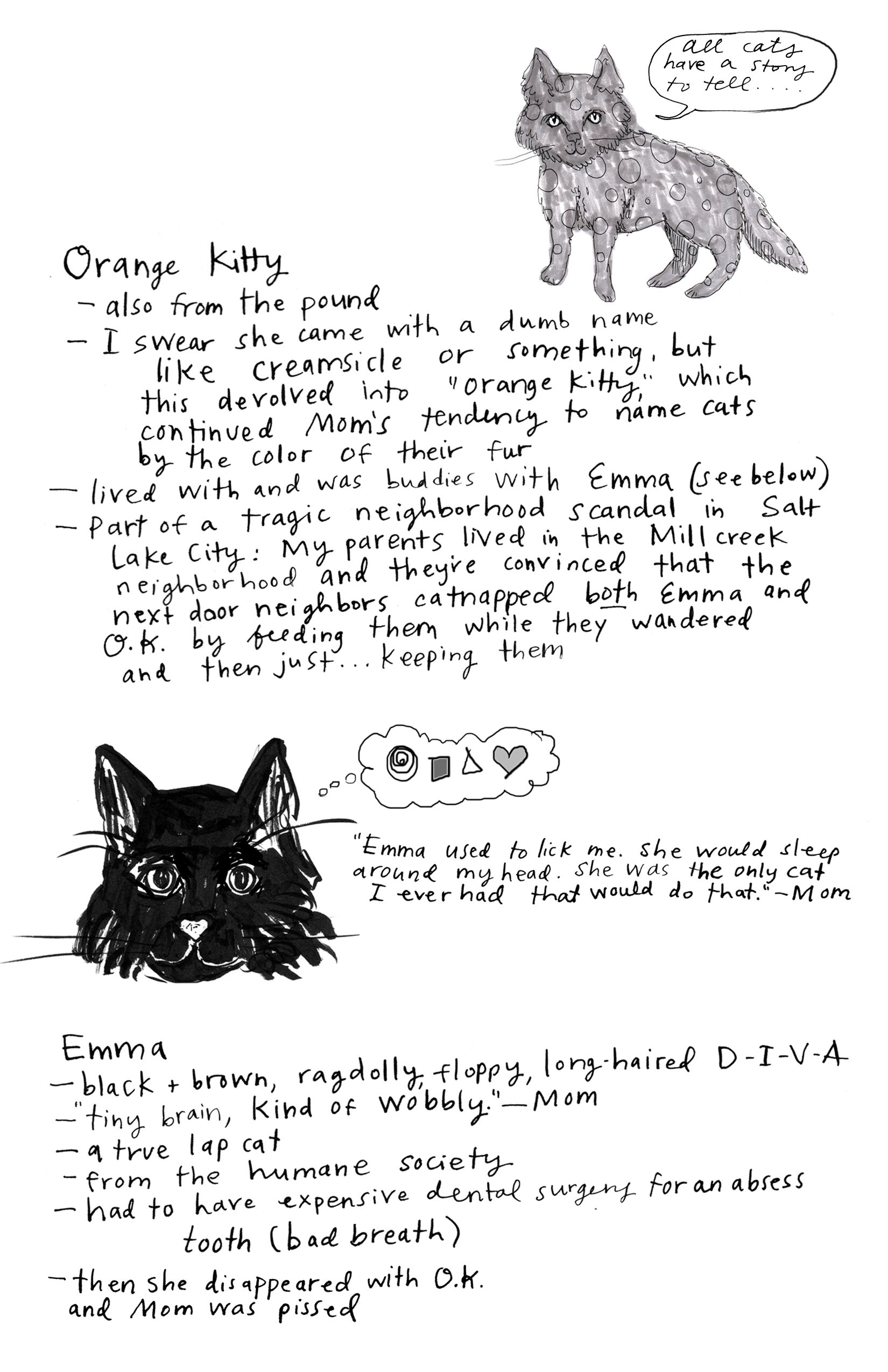 Orange Kitty and Emma, white and black ink with digital finish, 2016