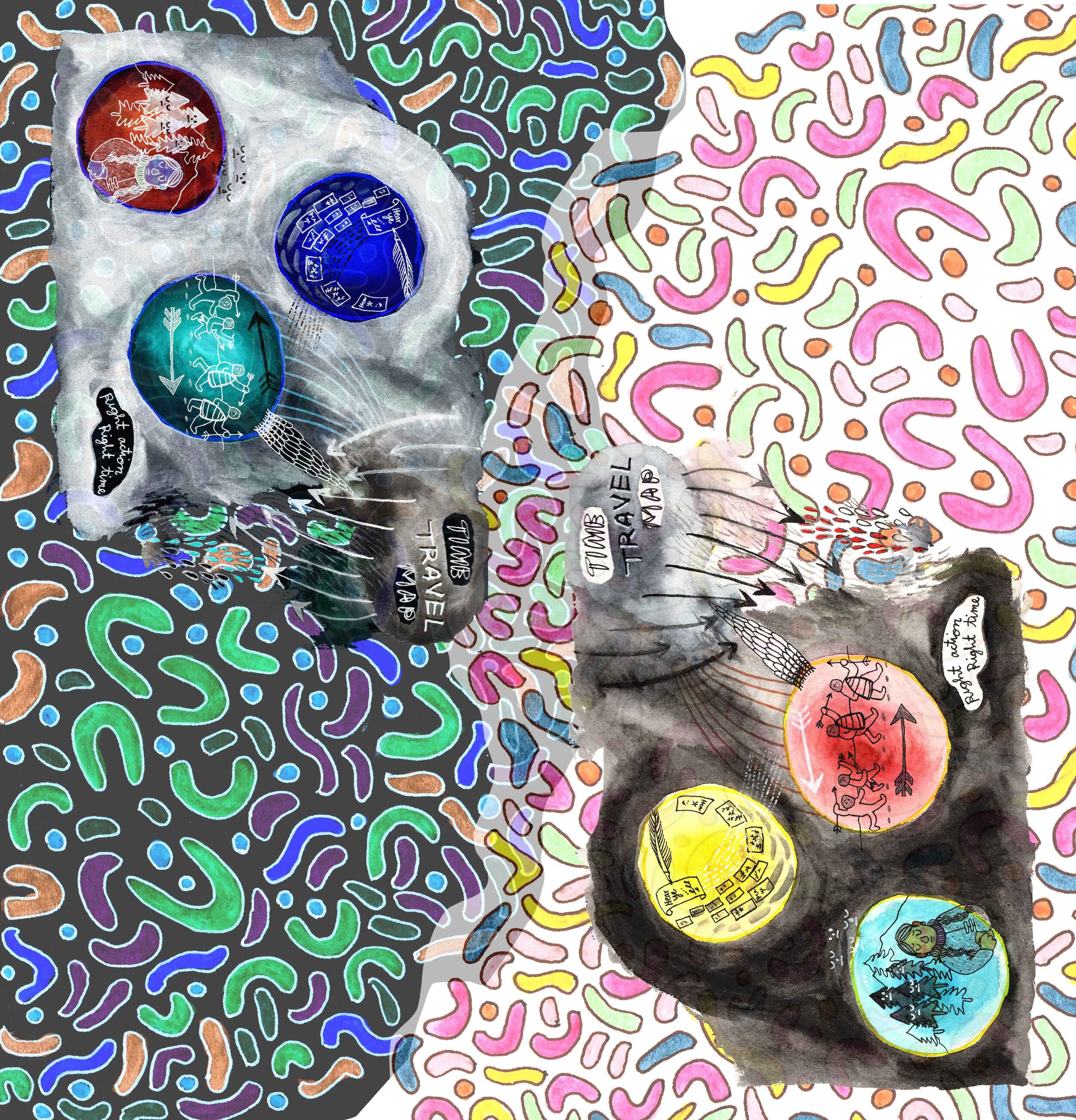 "Time Travel Hexaflexagon," mixed media collage, 2018